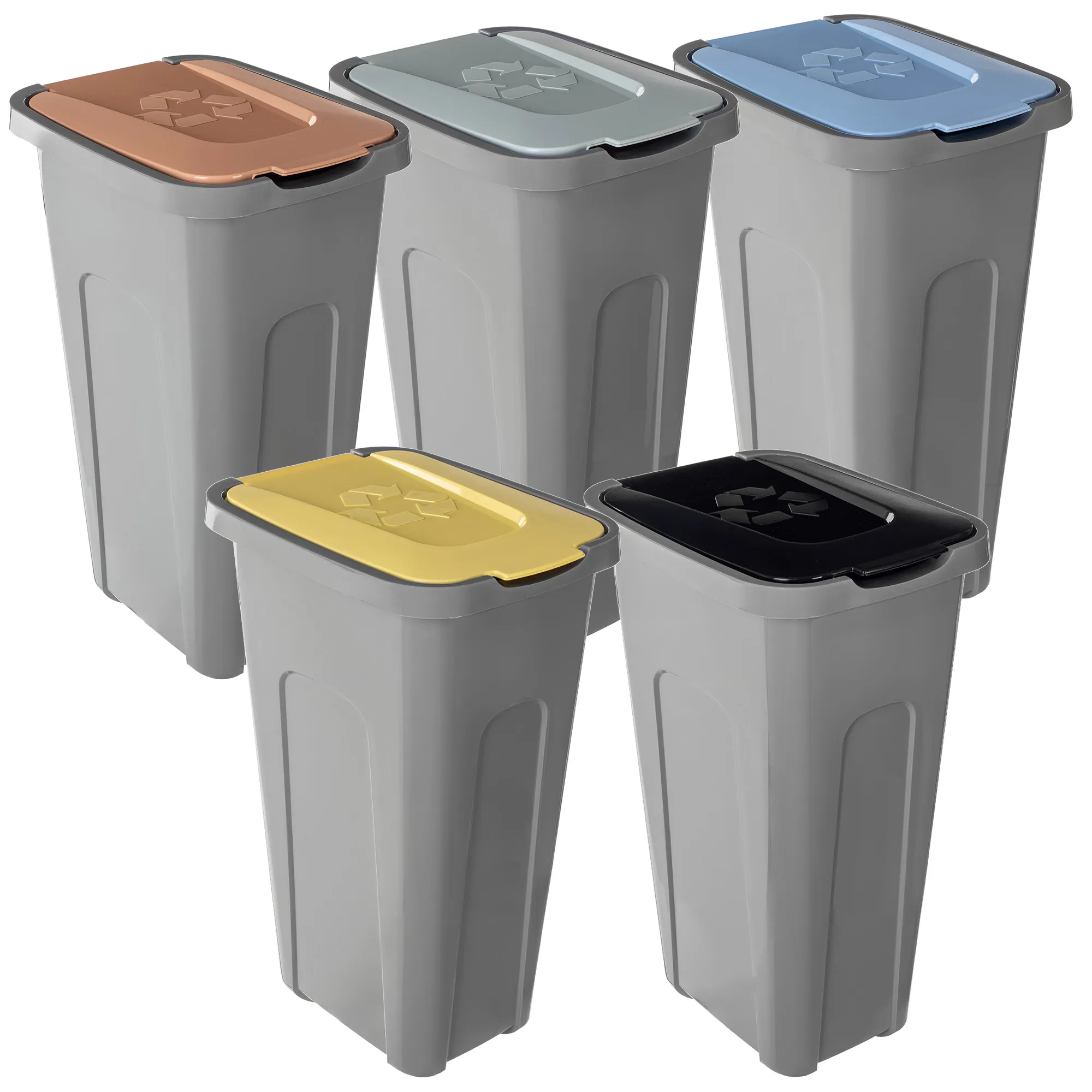 30 litrų šiukšliadėžių rinkinys geltonos, žalios, rudos, mėlynos, juodos spalvos