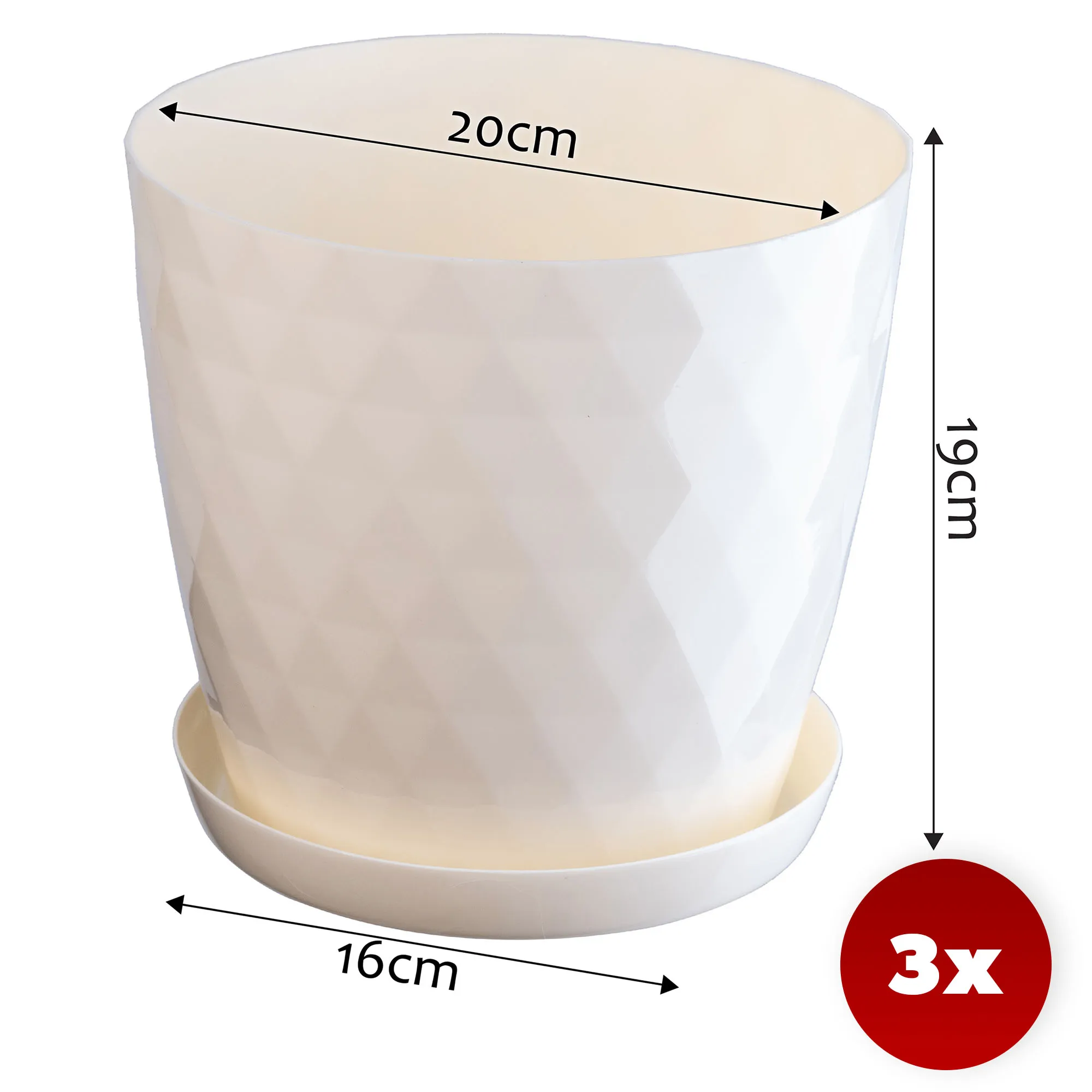 Gėlių vazonas su lėkštute kreminės spalvos Amily 20 cm, 3 vnt.