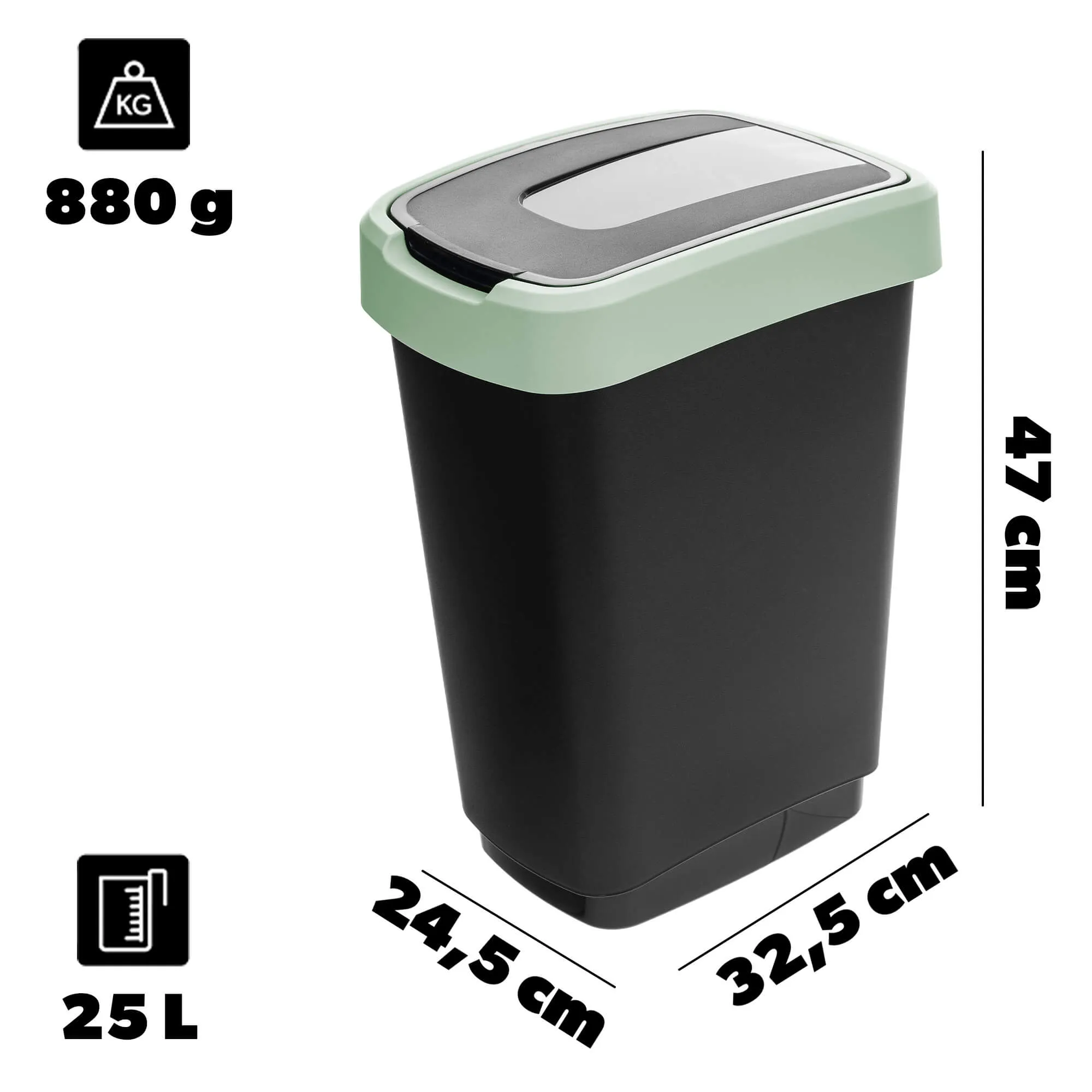 Morin 25 l šiukšliadėžė su besisukančiu dangčiu, juodos ir žalios spalvos