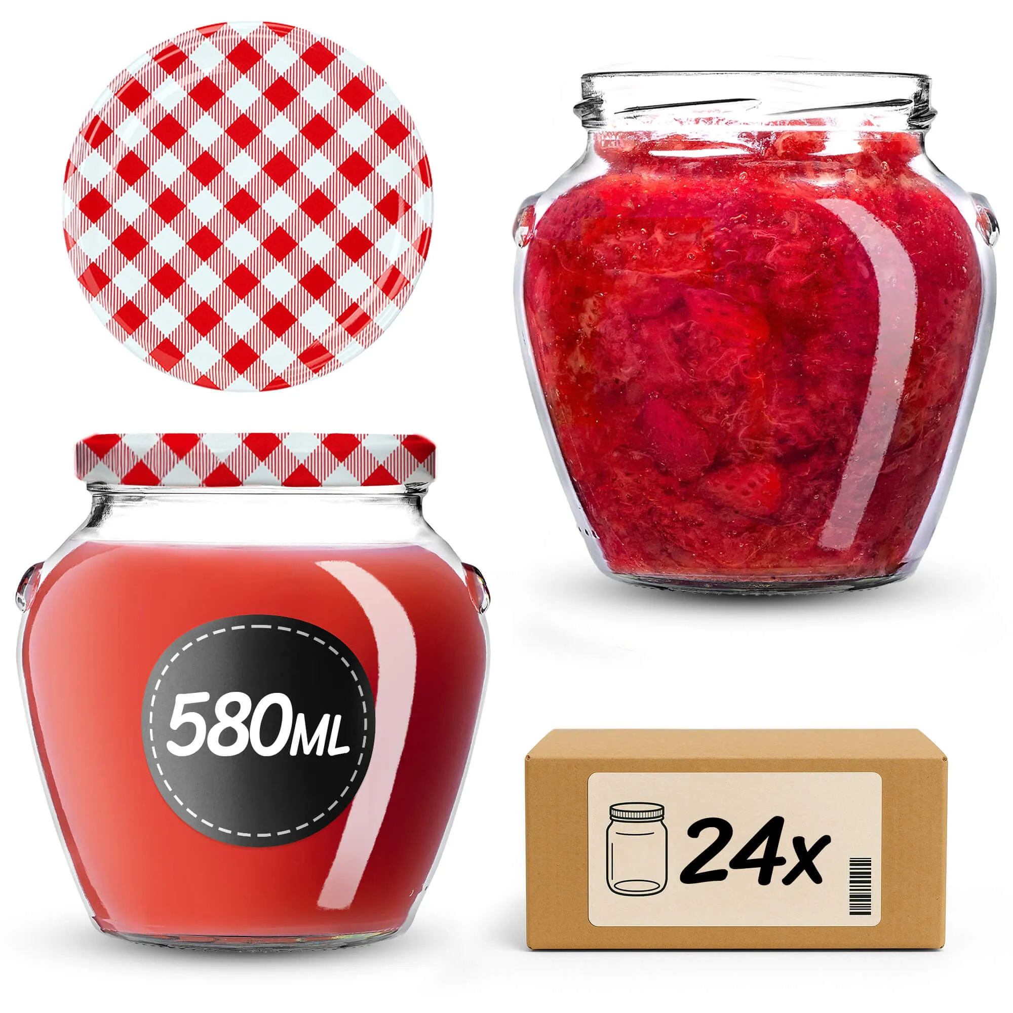 „Sassa“ konservavimo stiklainiai 580 ml, 24 vnt., 82 mm, + raudoni tinklelio dangteliai