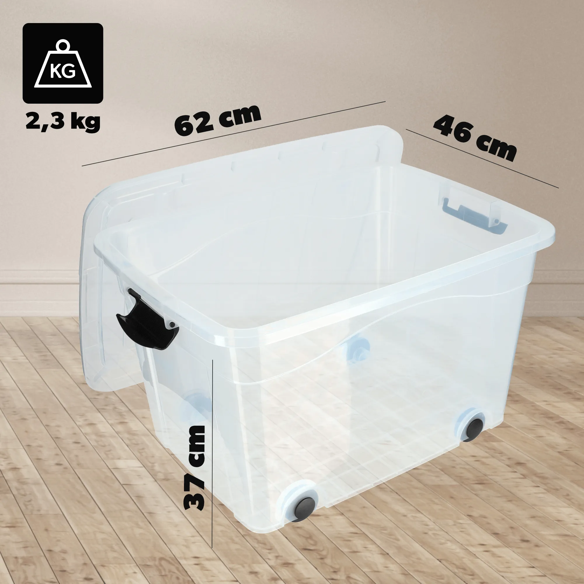 Vado 60L plastikinis konteineris su ratukais, skaidrus