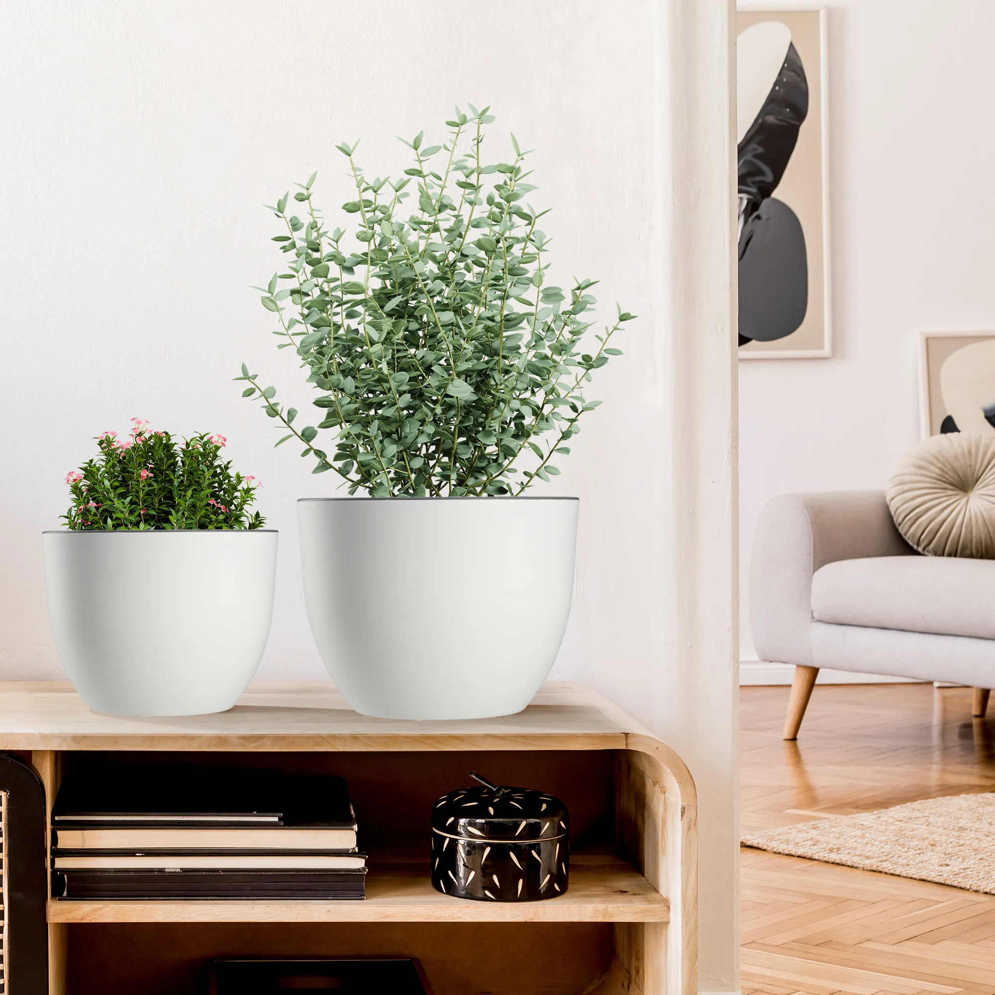 Rafat apvalus gėlių vazonas 30 cm, baltas + betonas