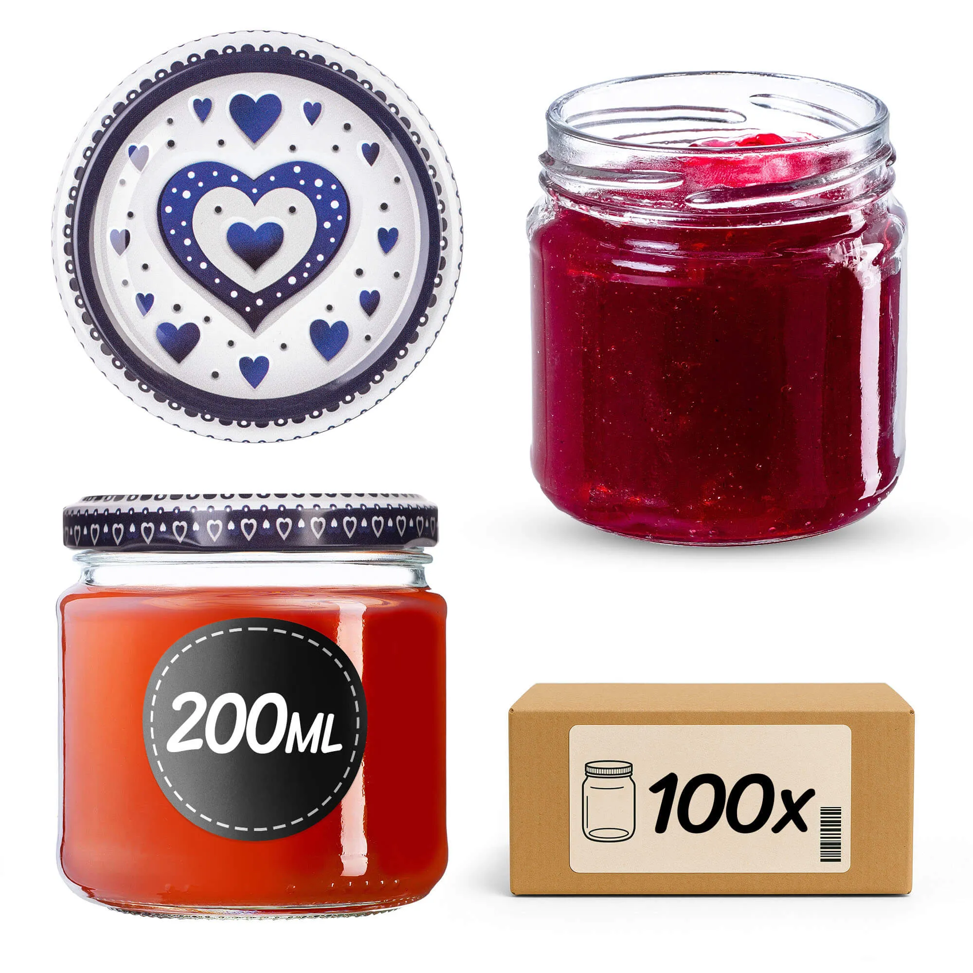 Lerma konservavimo stiklainiai 200 ml, 100 vnt., 66 mm + „Mėlynos širdelės“ dangteliai