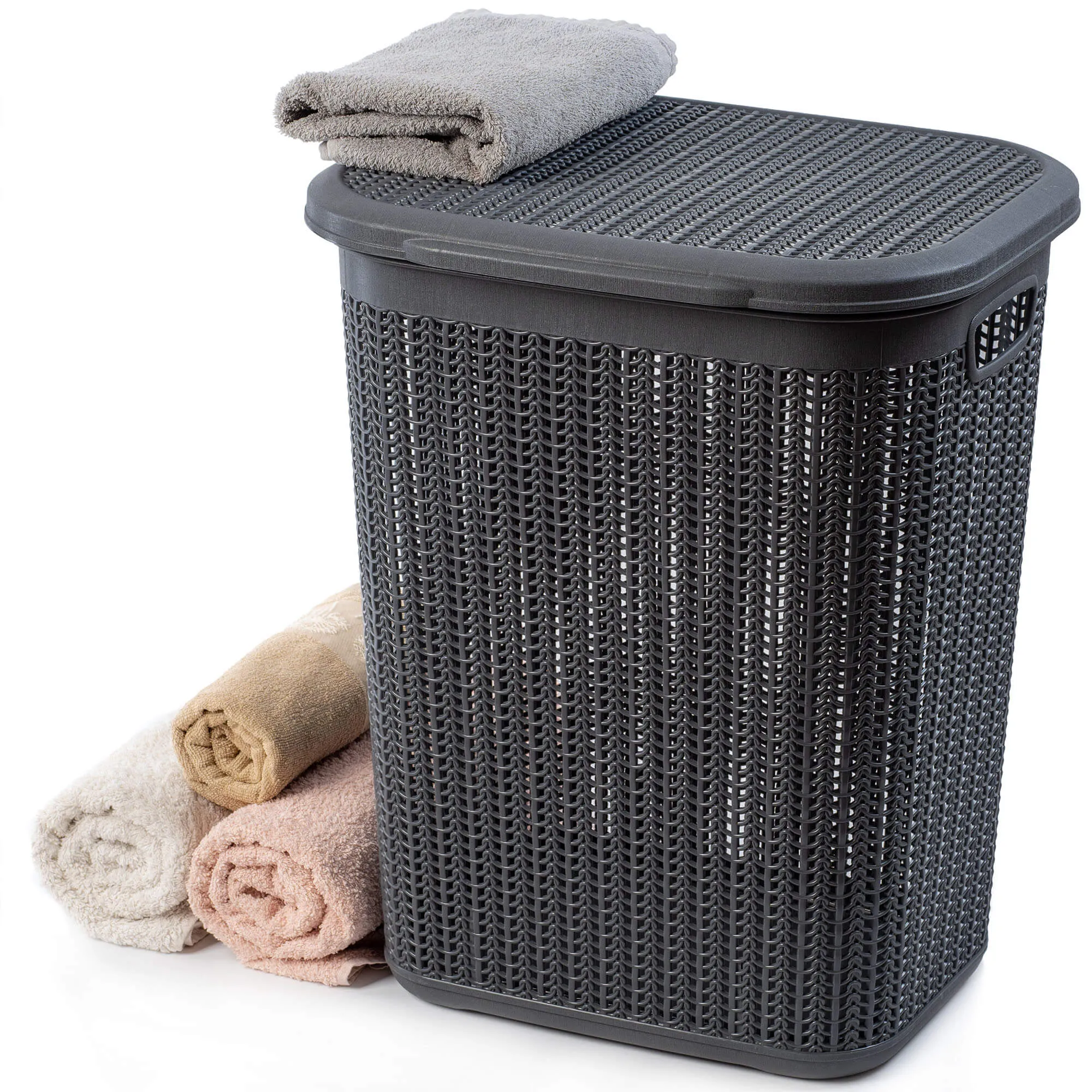 „Mera“ 50 litrų grafito skalbinių krepšys su dangčiu