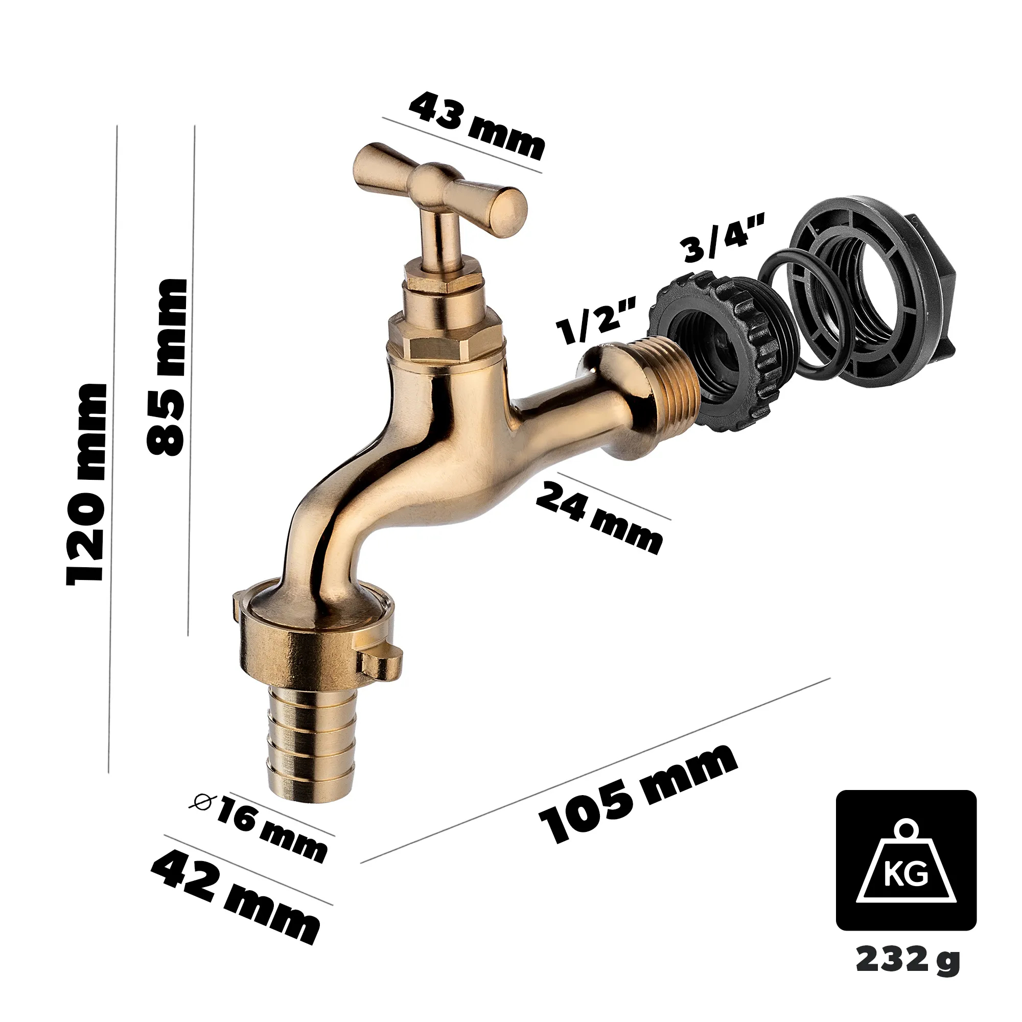 1/2 colio lietaus vandens rezervuaro čiaupas su 3/4 colio adapteriu, auksinis