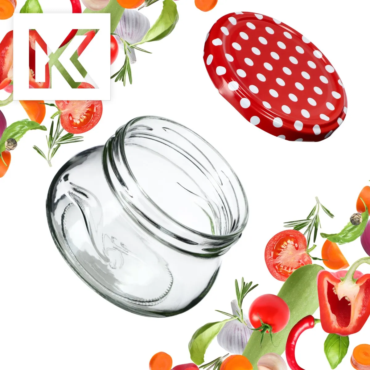 Raja konservavimo stiklainiai 300 ml 10 vnt. 82 mm + dangteliai „Raudonieji žirneliai“