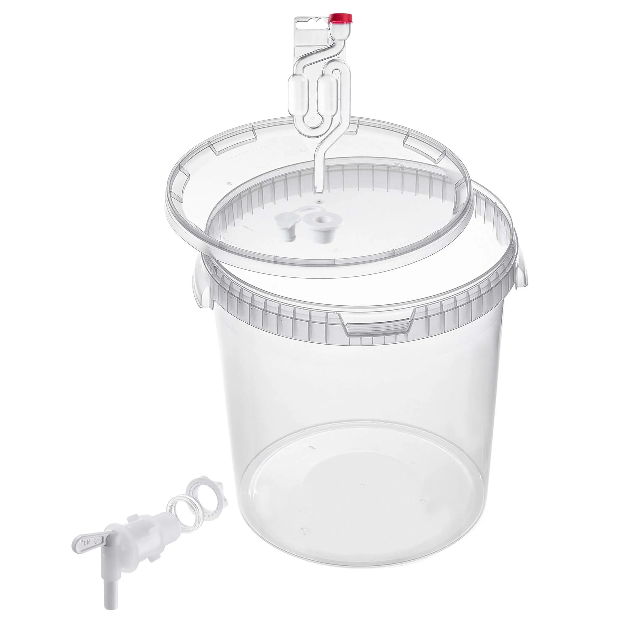 Acerra fermentacijos indas su dangčiu 33L permatomas + čiaupas + kamštis + fermentacijos šliuzas