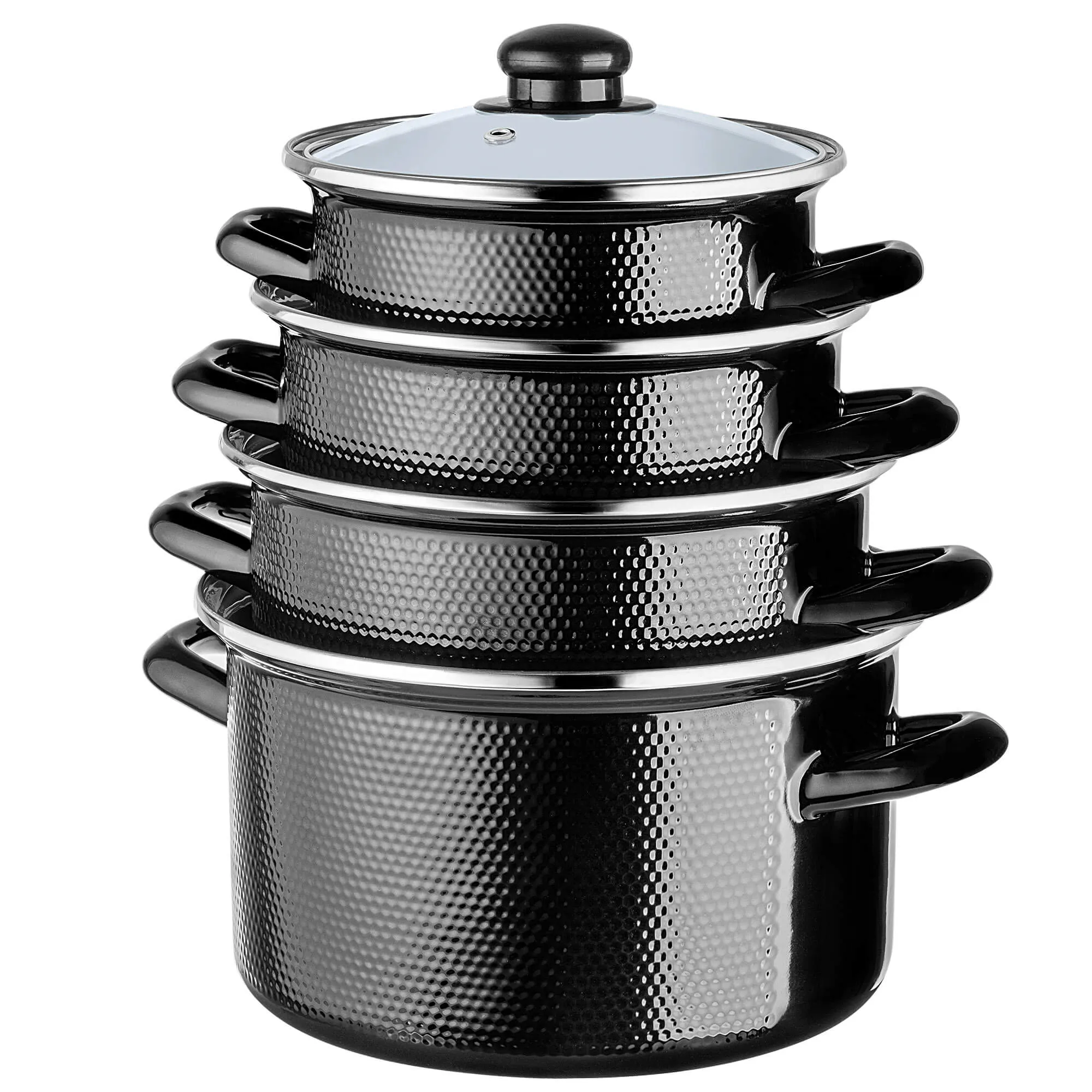 Pruno emaliuotų puodų rinkinys 2L, 3L, 4L, 5L juodas