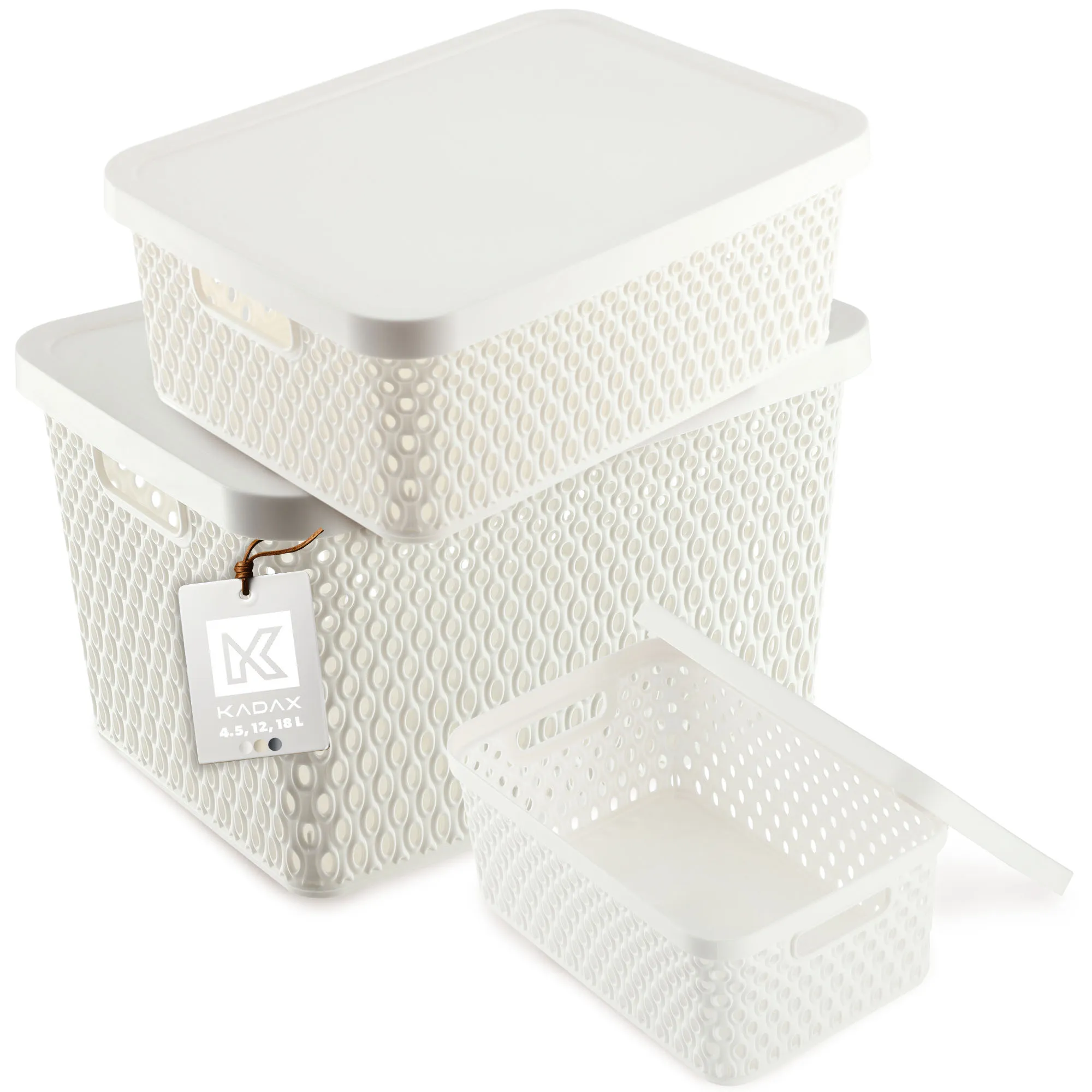 Pau daiktadėžių rinkinys su dangčiu, 4,5 l + 12 l + 18 l, baltas