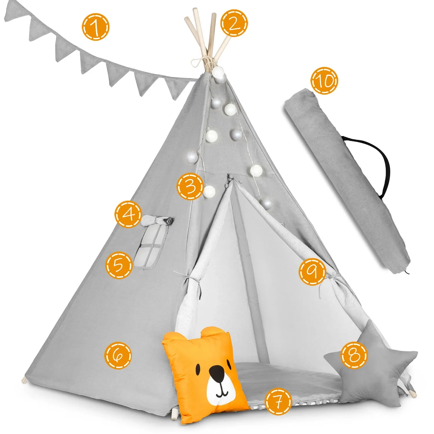 Vaikiška tipi palapinė su girlianda ir lemputėmis - pilka - nuotrauka 1