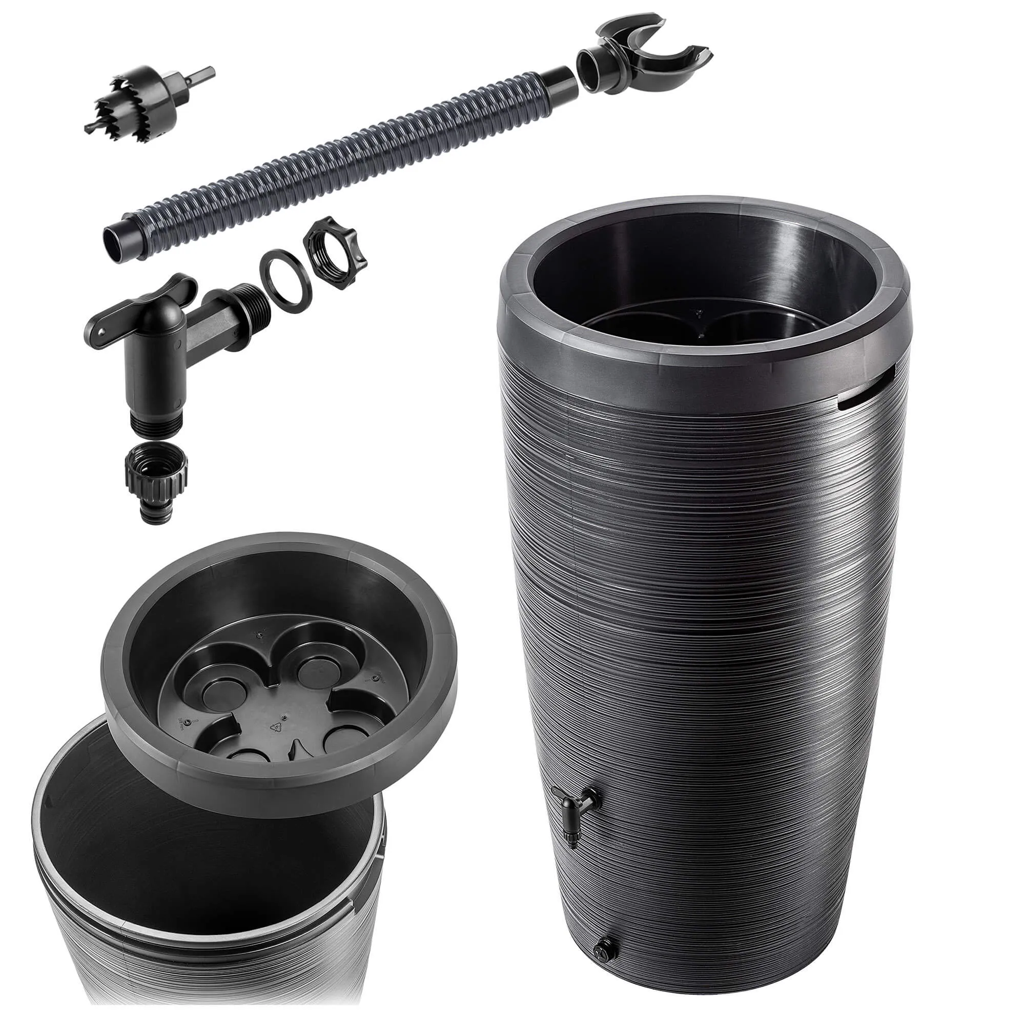 „Reveret“ 240 l lietaus vandens bakas su prijungimo komplektu, lygus, juodas