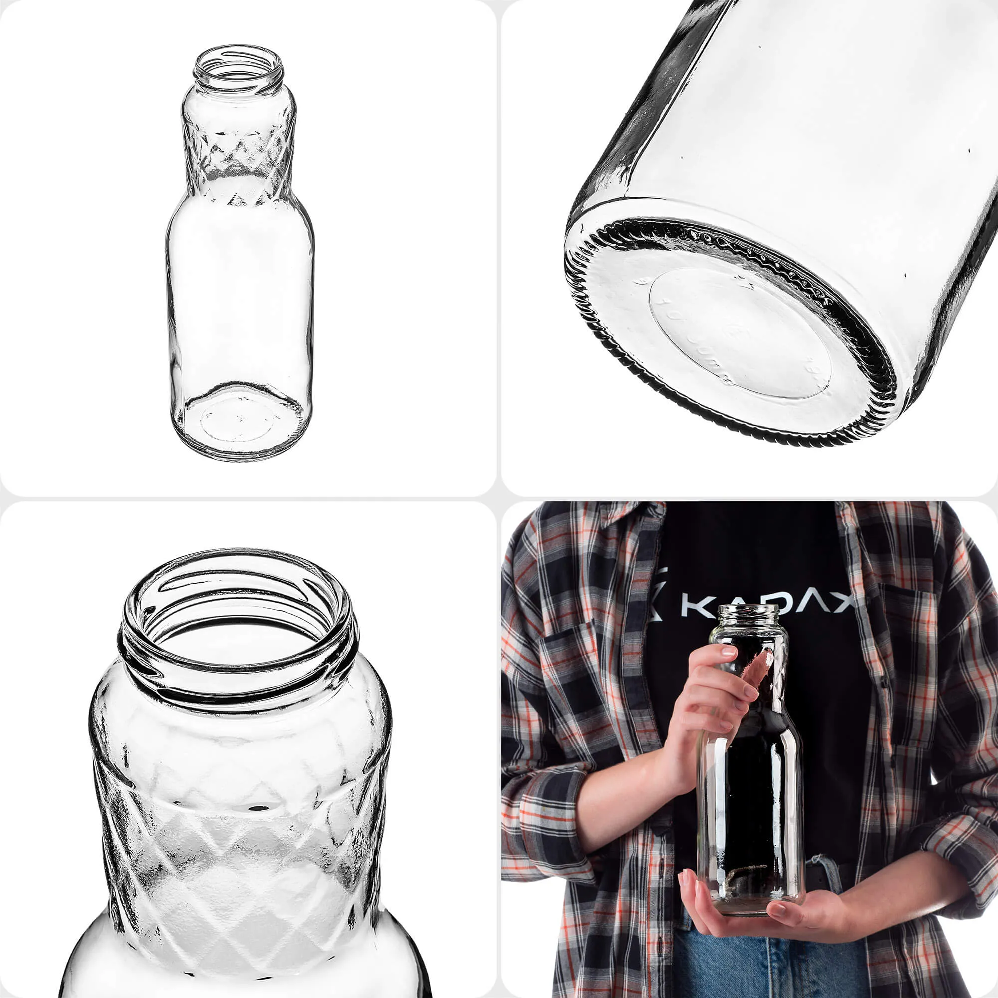 Stikliniai buteliai Sorga sultims 1L + dangteliai FI53 auksiniai 3 vnt.