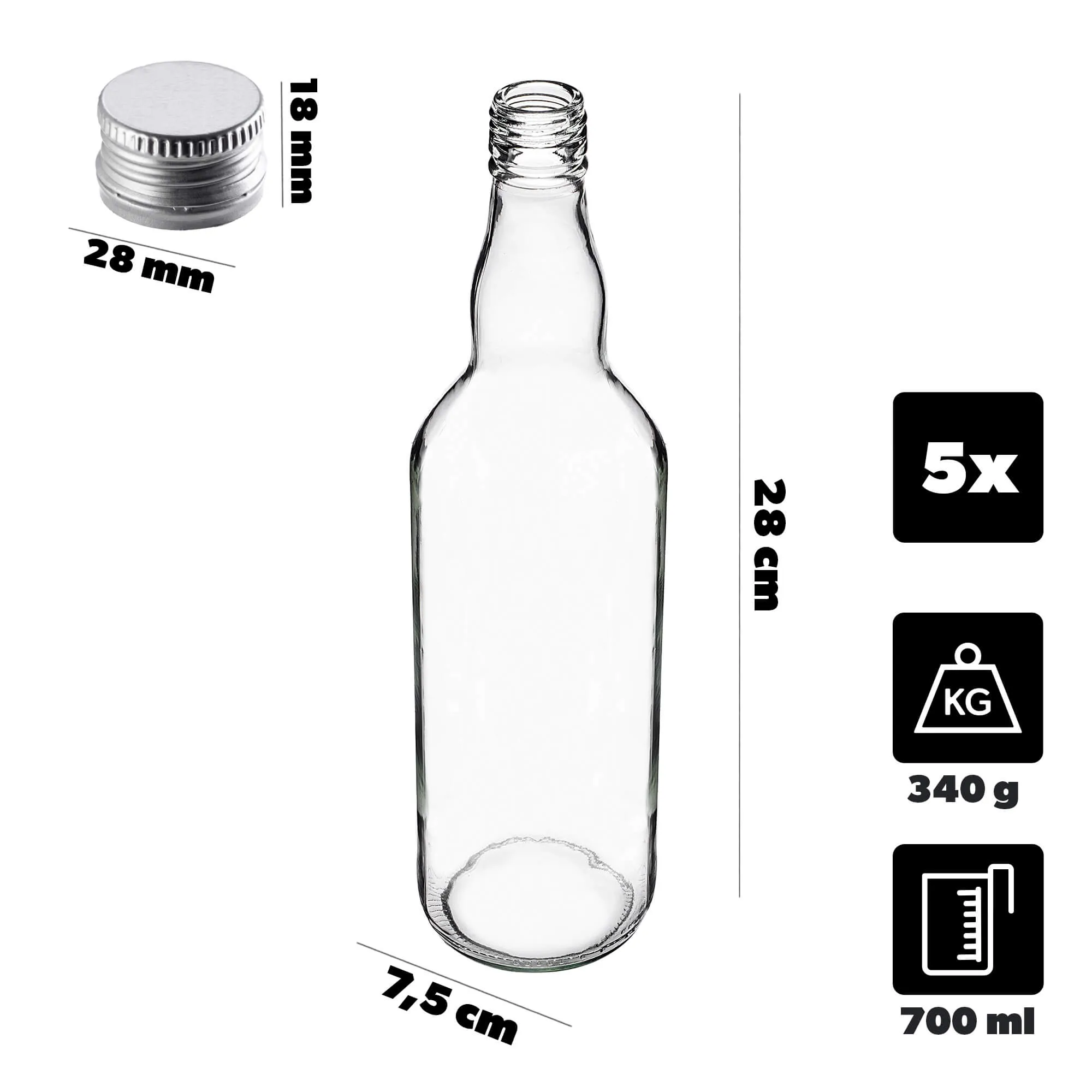 Monopol stikliniai buteliai 700 ml su sidabriniu dangteliu, 5 vnt.