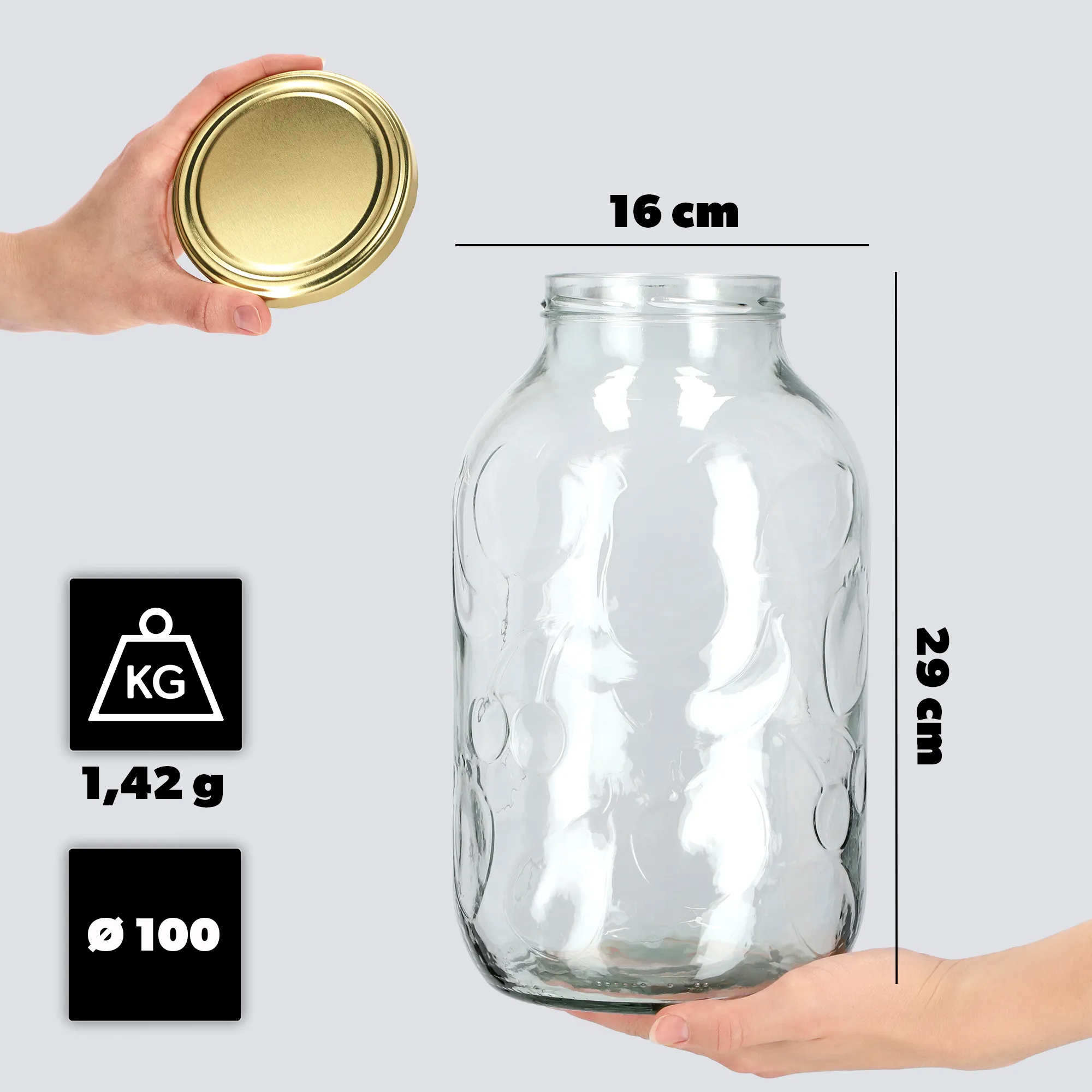 Aleno stiklainis 5 l 100 mm + auksiniai dangteliai 4 vnt.