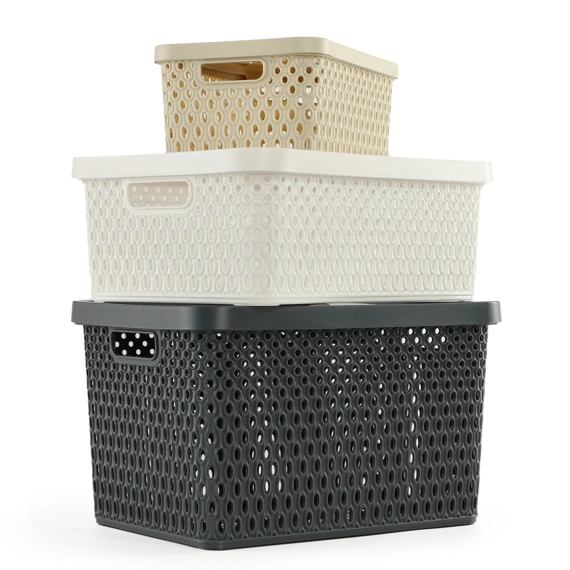 Pau daiktadėžių rinkinys su dangčiu, 4,5 l + 12 l + 18 l, baltas