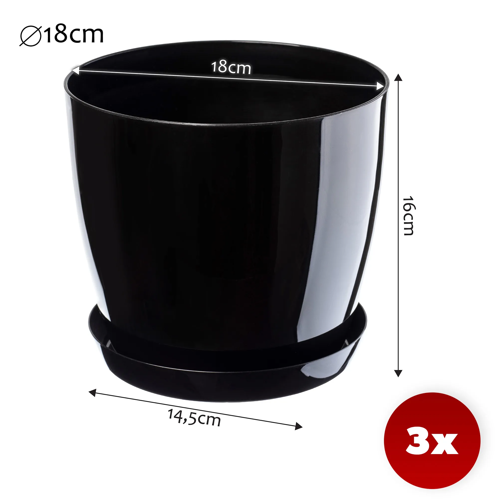 Agen vazonas su lėkštute, juodas, 18 cm, 3 vnt.