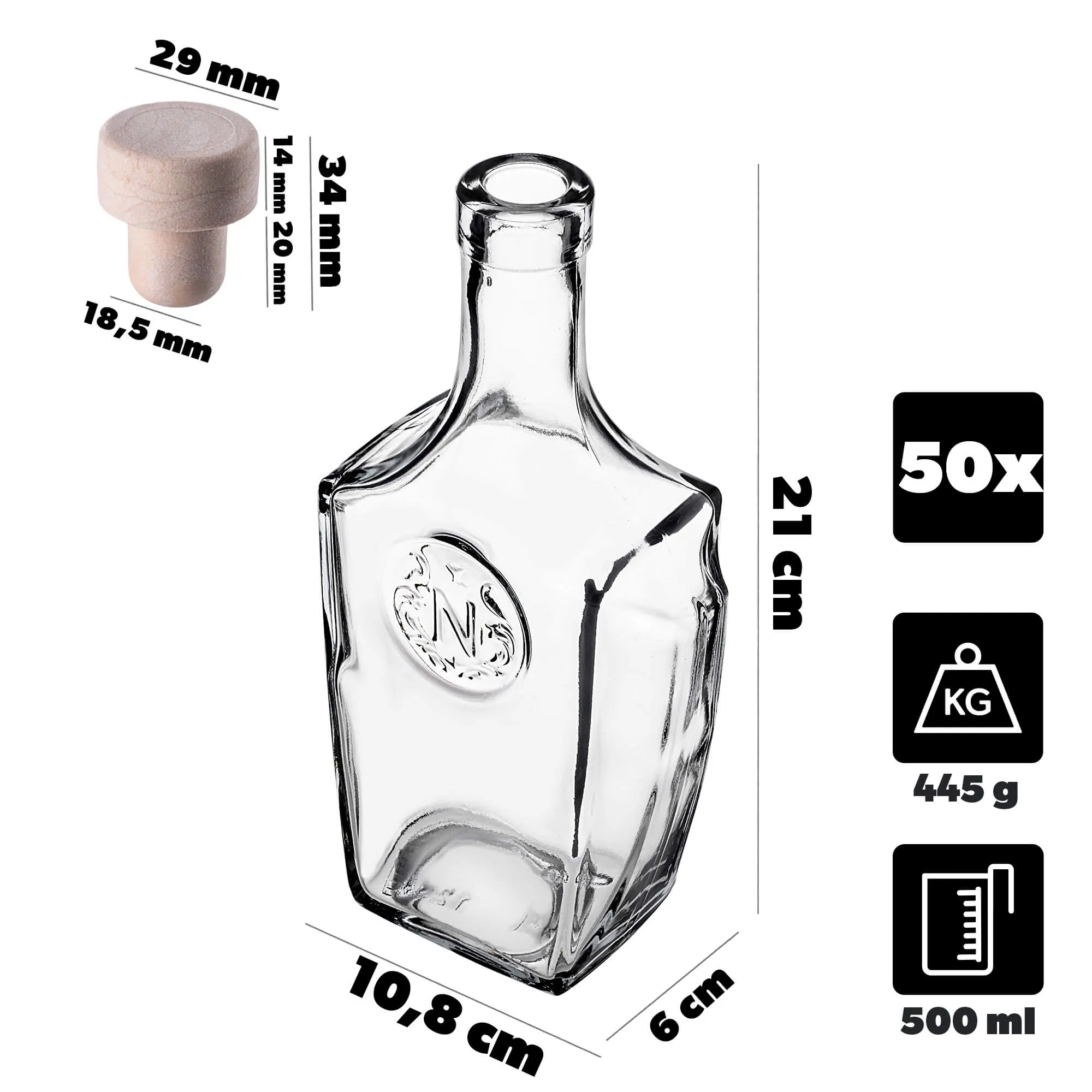 Faenza stiklinis tinktūros buteliukas 500 ml su sintetiniu kamščiu 50 vnt.