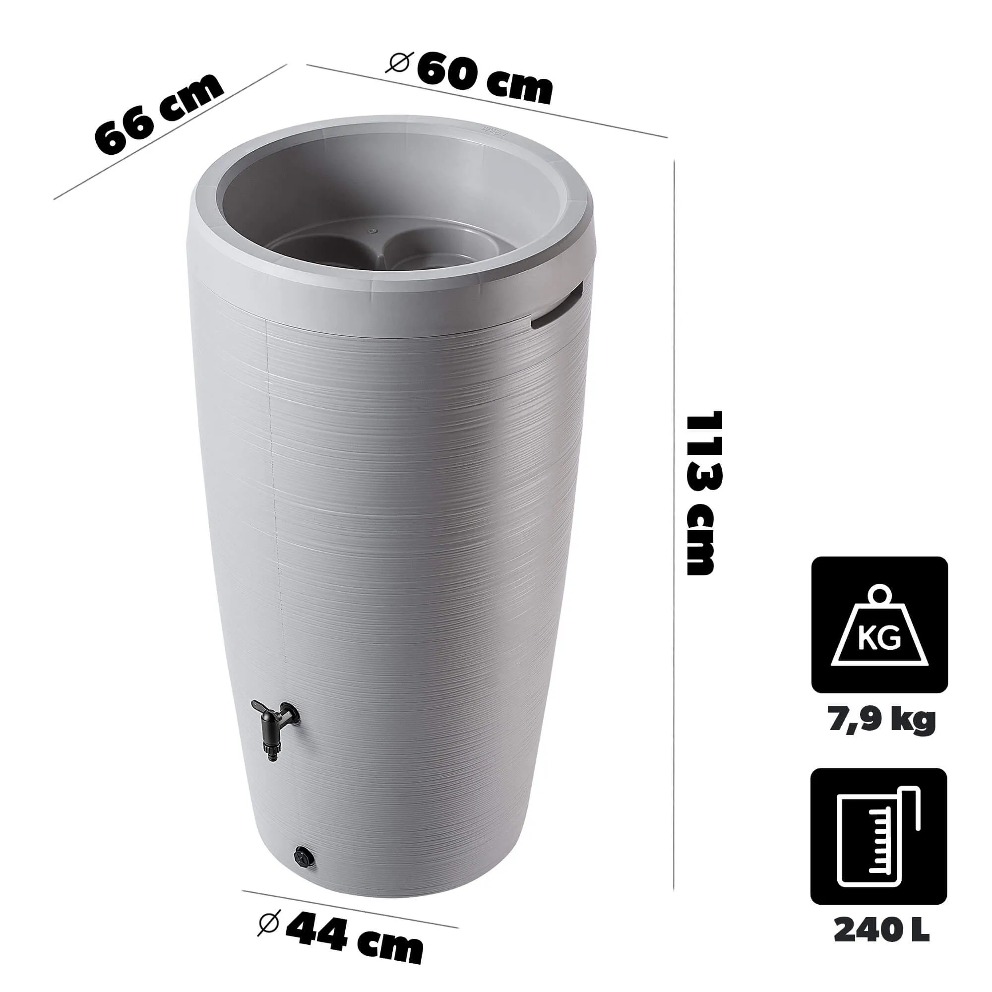 „Reveret“ 240 l lietaus vandens bakas su prijungimo komplektu, šviesiai pilkas, lygus