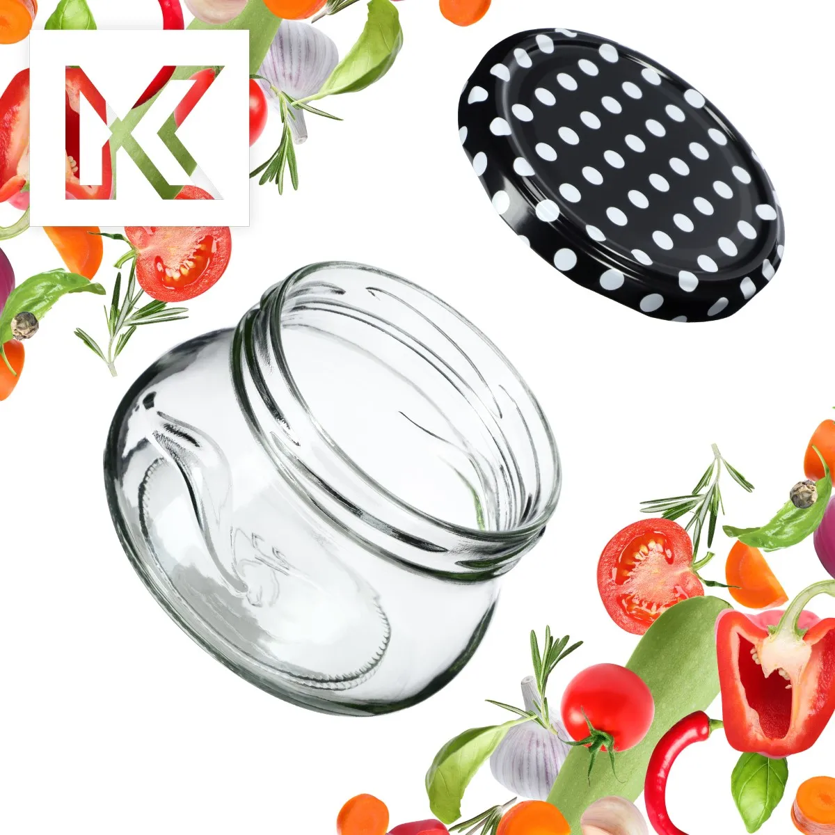Raja konservų stiklainiai 300 ml 50 vnt. 82 mm + juodųjų žirnelių dangteliai