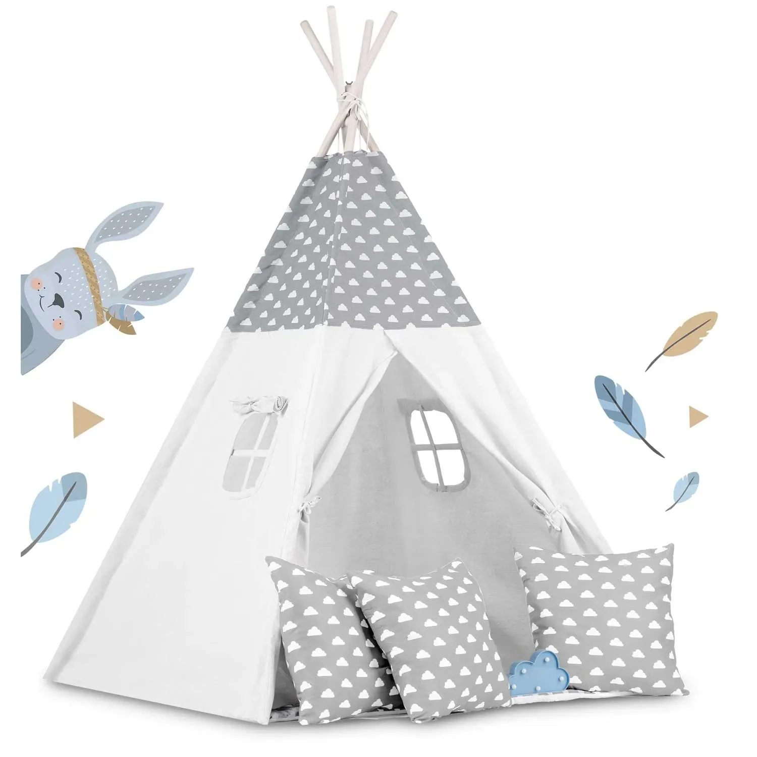 Vaikiška tipi palapinė su girlianda ir lemputėmis - šviesiai pilka su debesėliais - nuotrauka 1