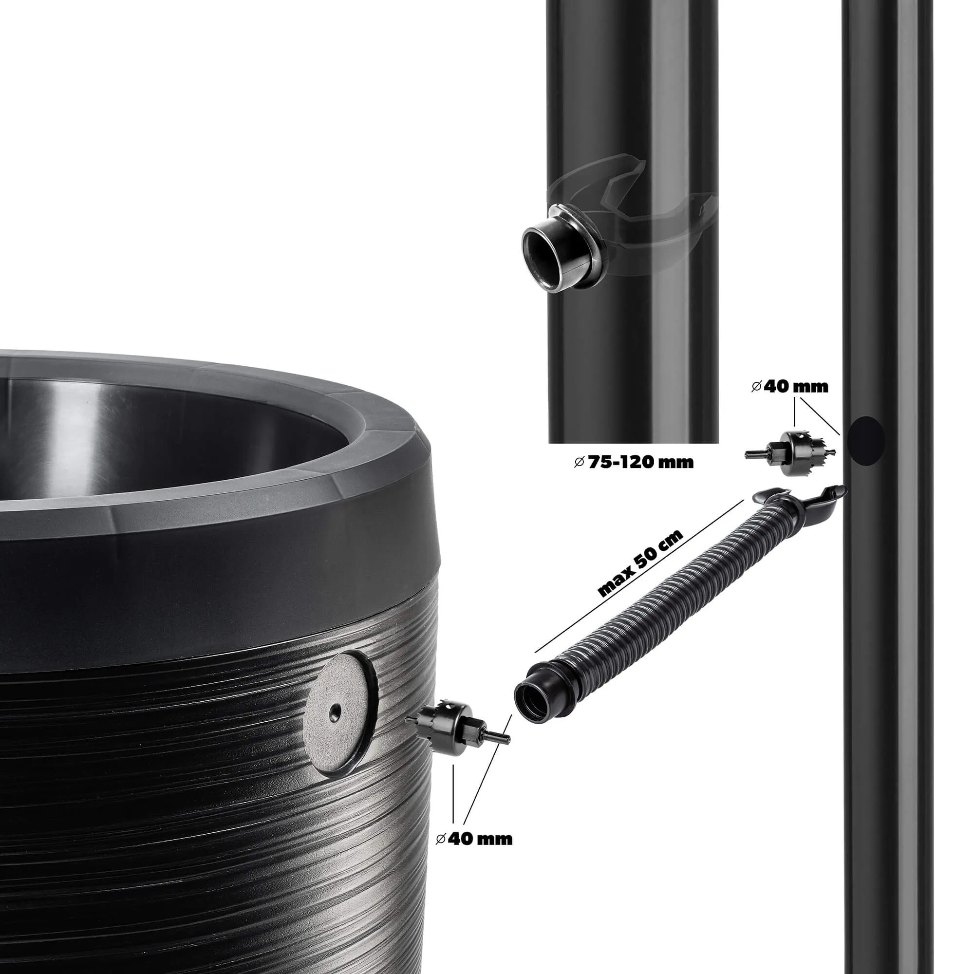 „Reveret“ 240 l lietaus vandens bakas su prijungimo komplektu, lygus, juodas