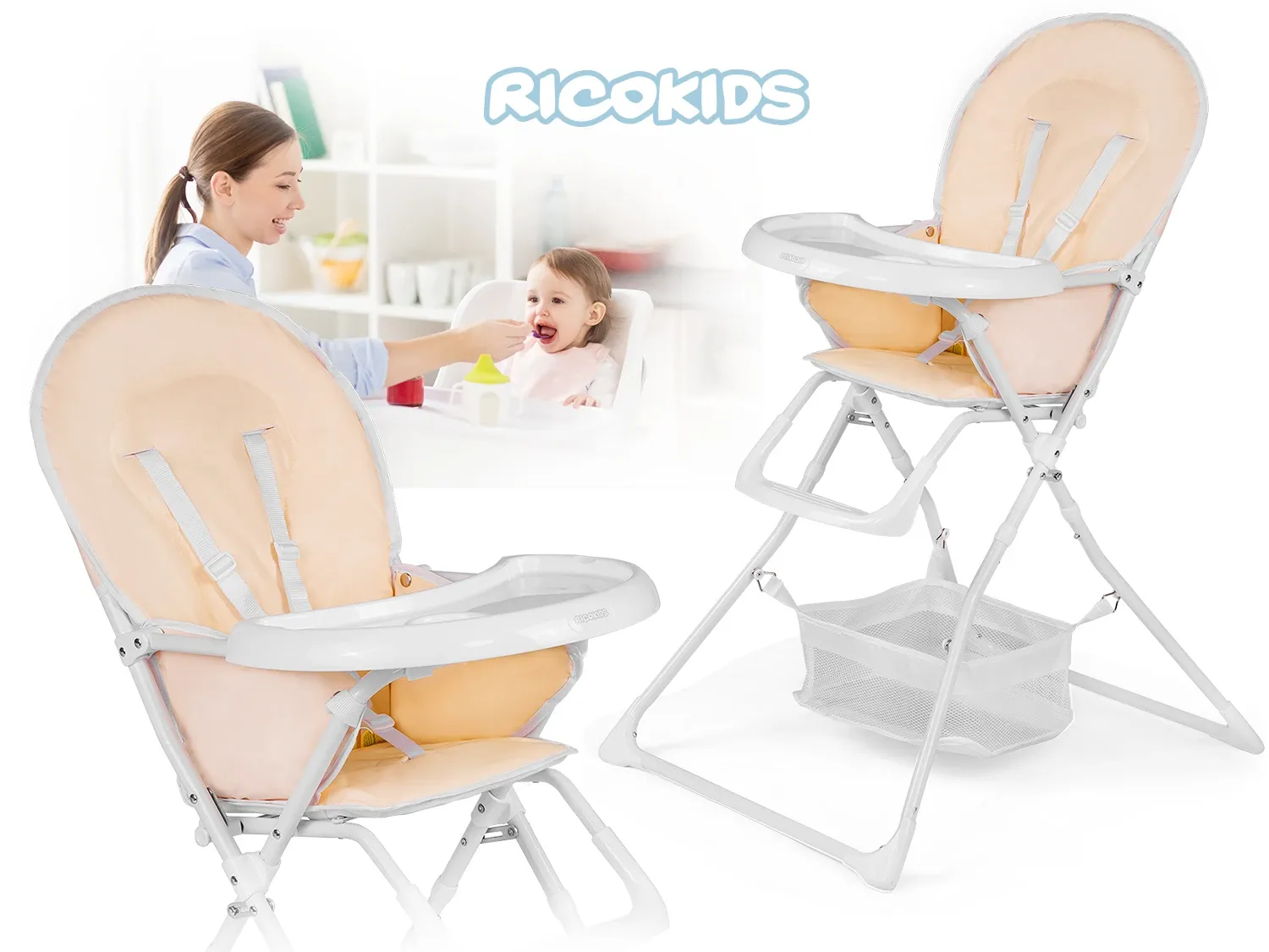 Ricokids FANDO kreminės spalvos maitinimo kėdutė su staliuku + nemokamas krepšelis - nuotrauka 1