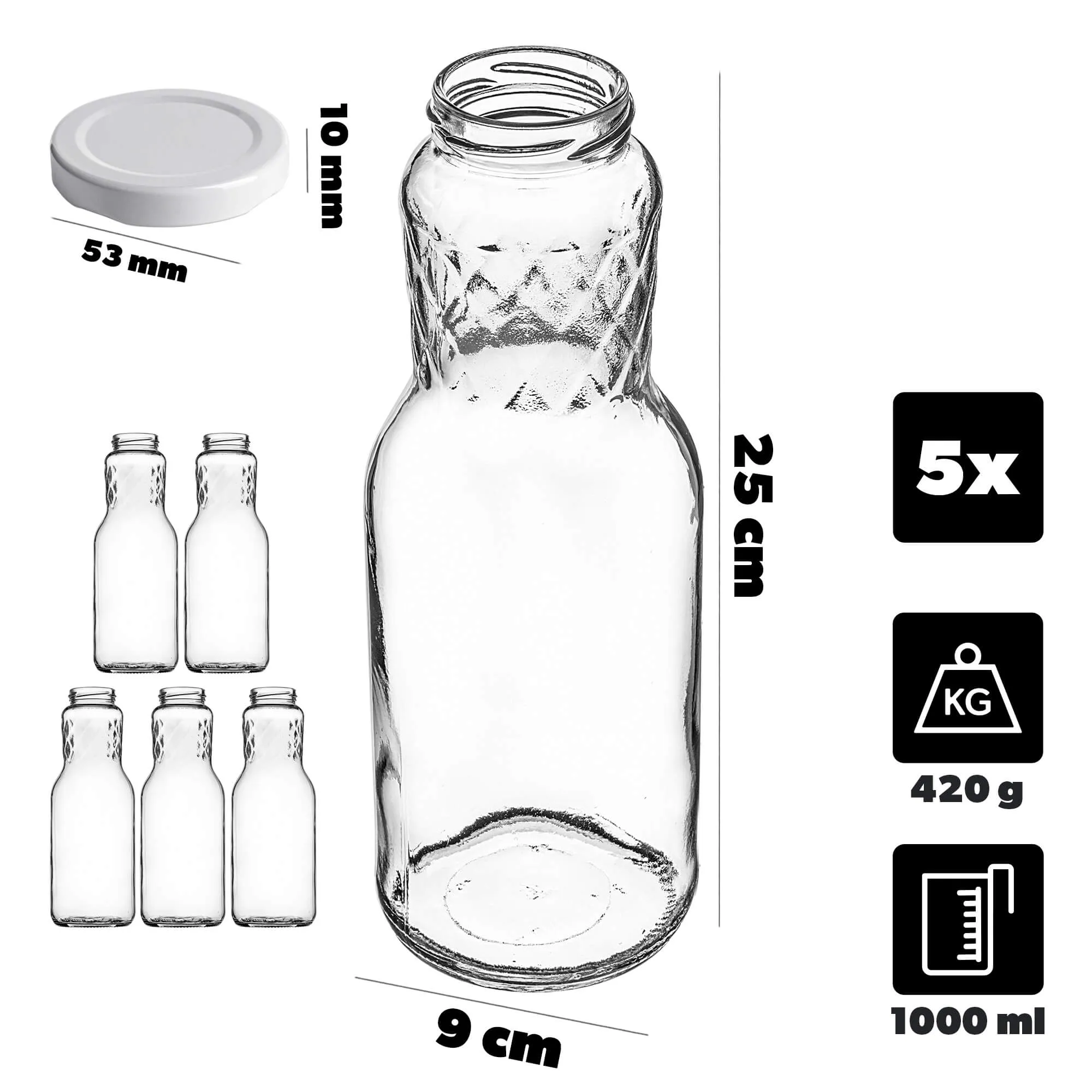 Stikliniai buteliai Sorga sultims 1L + dangteliai FI53 raudoni 5 vnt.