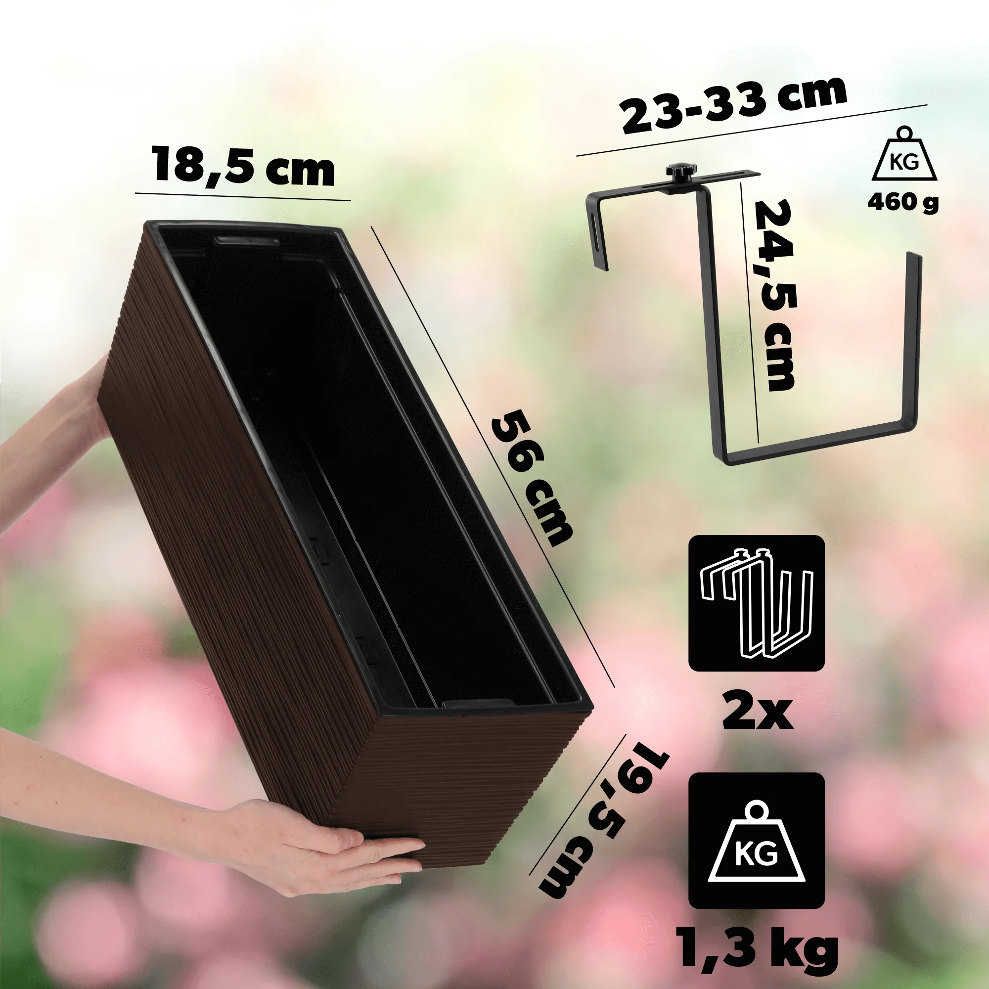 Balkoninis gėlių vazonas su Treviso įdėklu 56 x 19 cm + 2 rankenos