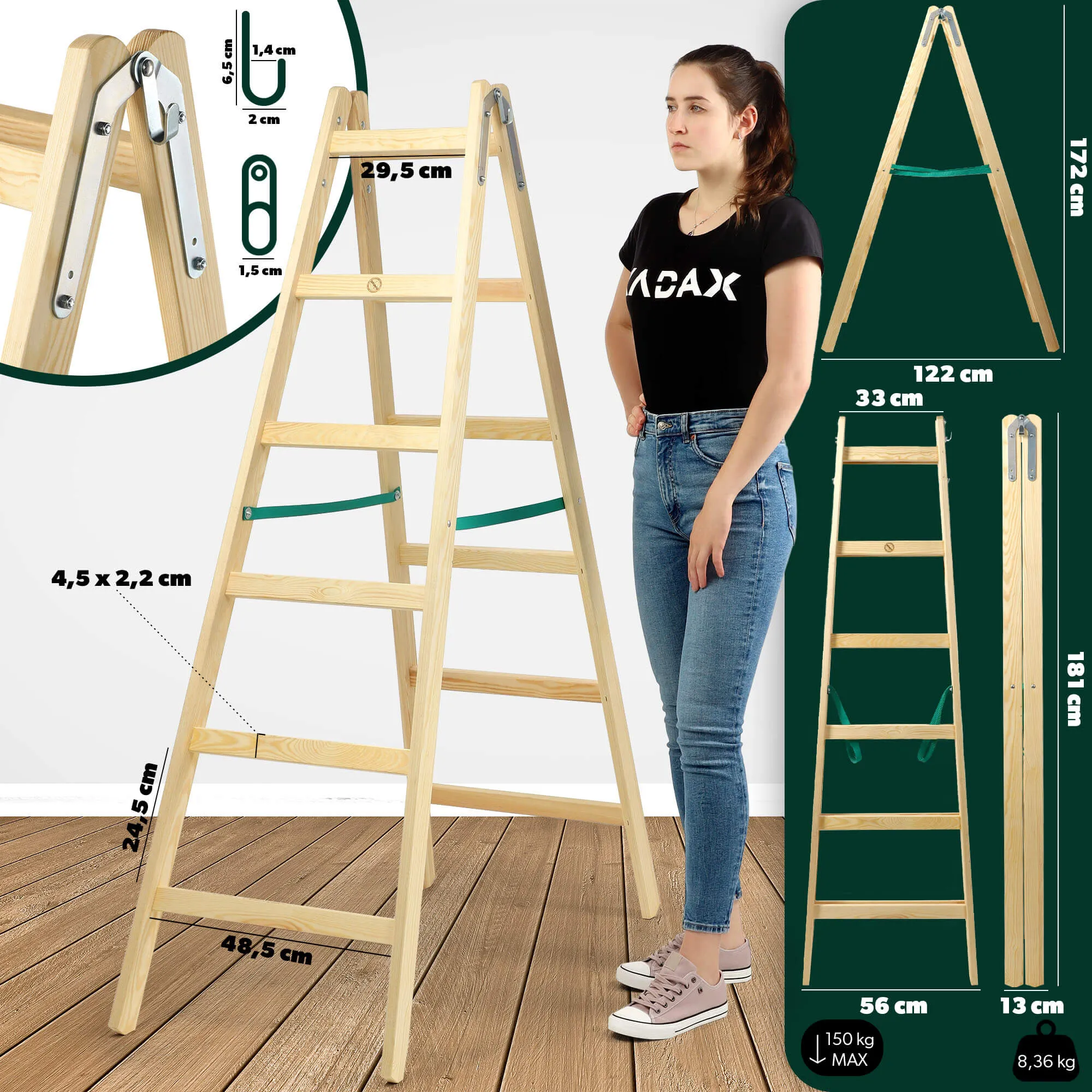 Salo medinės kopėčios, 6 pakopų, 150 kg