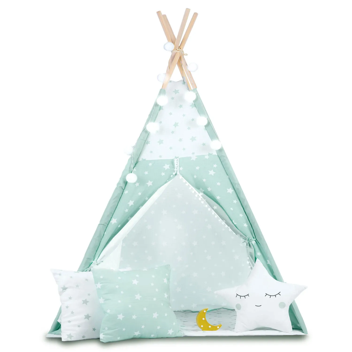 Vaikiška tipi palapinė su lemputėmis - mėtinė su žvaigždutėmis - nuotrauka 1