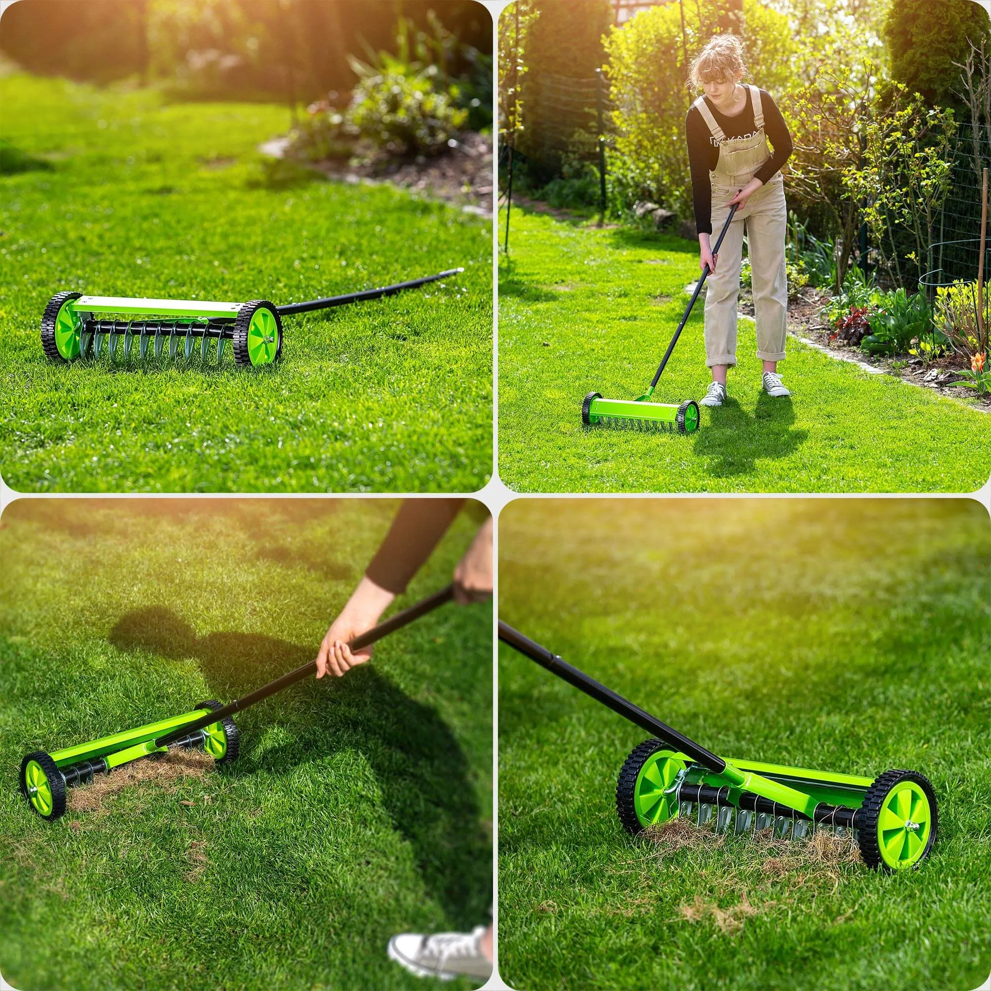 Rovigo vienpusis rankinis vejos aeratorius ant ratukų, 130 x 48 cm, žalias