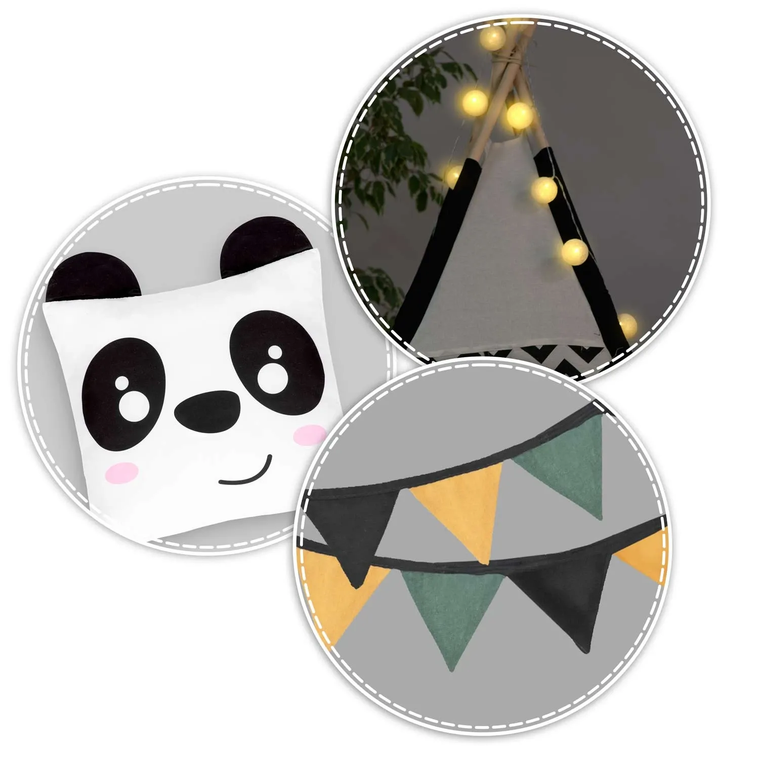 Vaikiška „Nukido“ tipo palapinė su girlianda ir švieselėmis, juodai balta spalva ir panda - nuotrauka 1