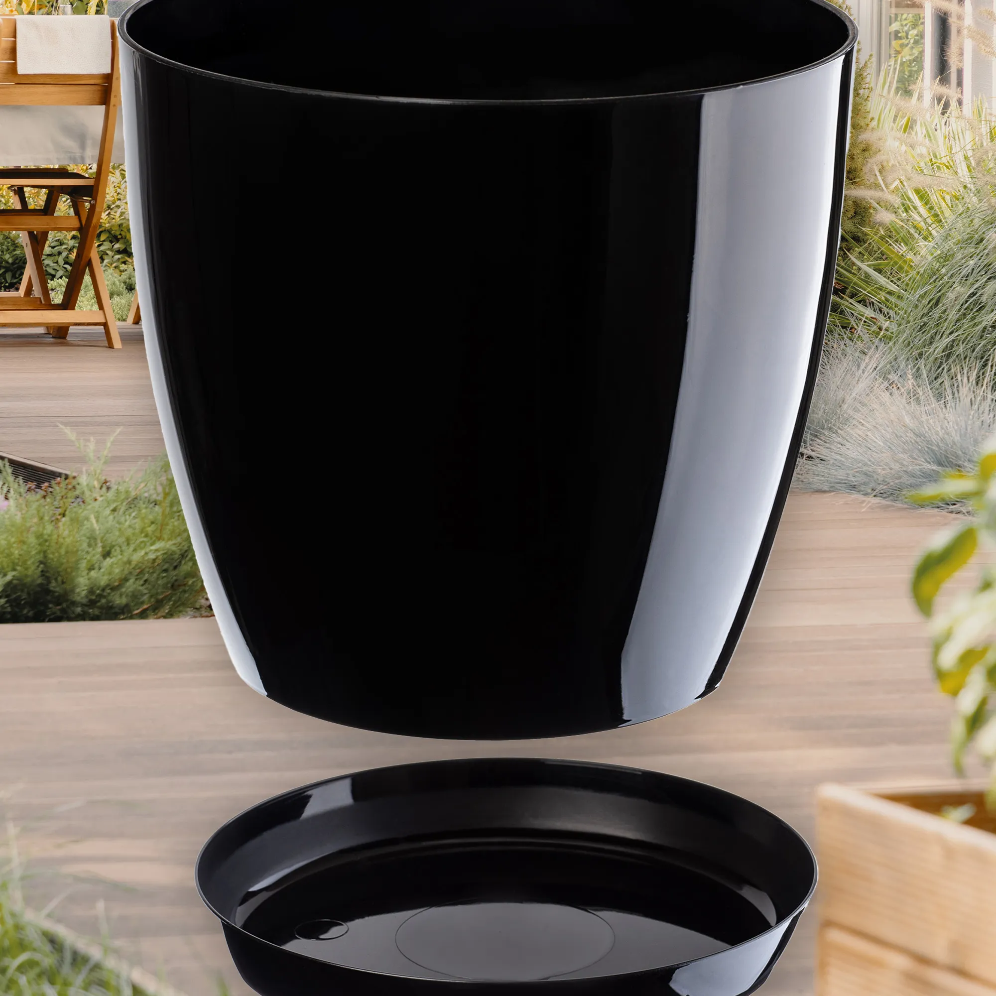 Agen vazonas su lėkštute, juodas, 23 cm, 3 vnt.