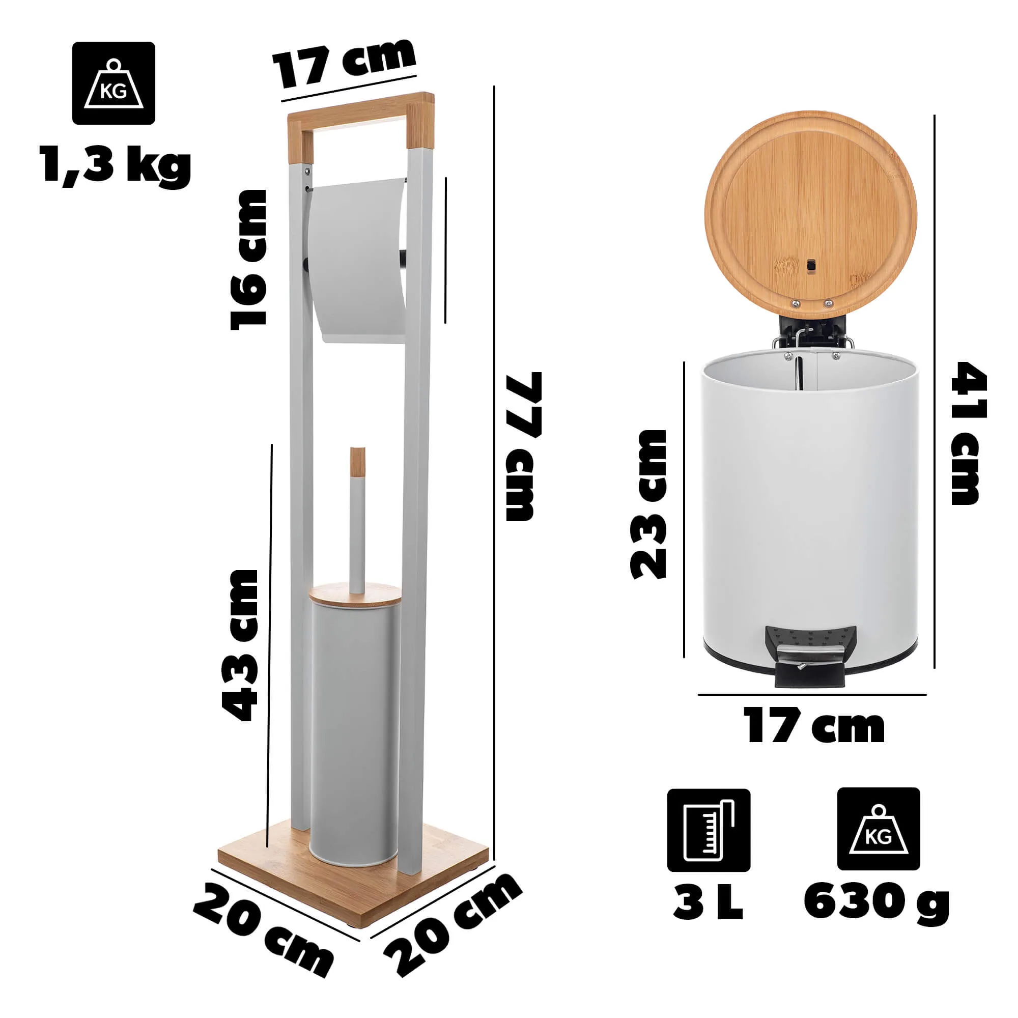 Guise vonios kambario komplektas tualetiniam popieriui ir šepetėlių laikikliui + 3 l krepšeliui, baltas