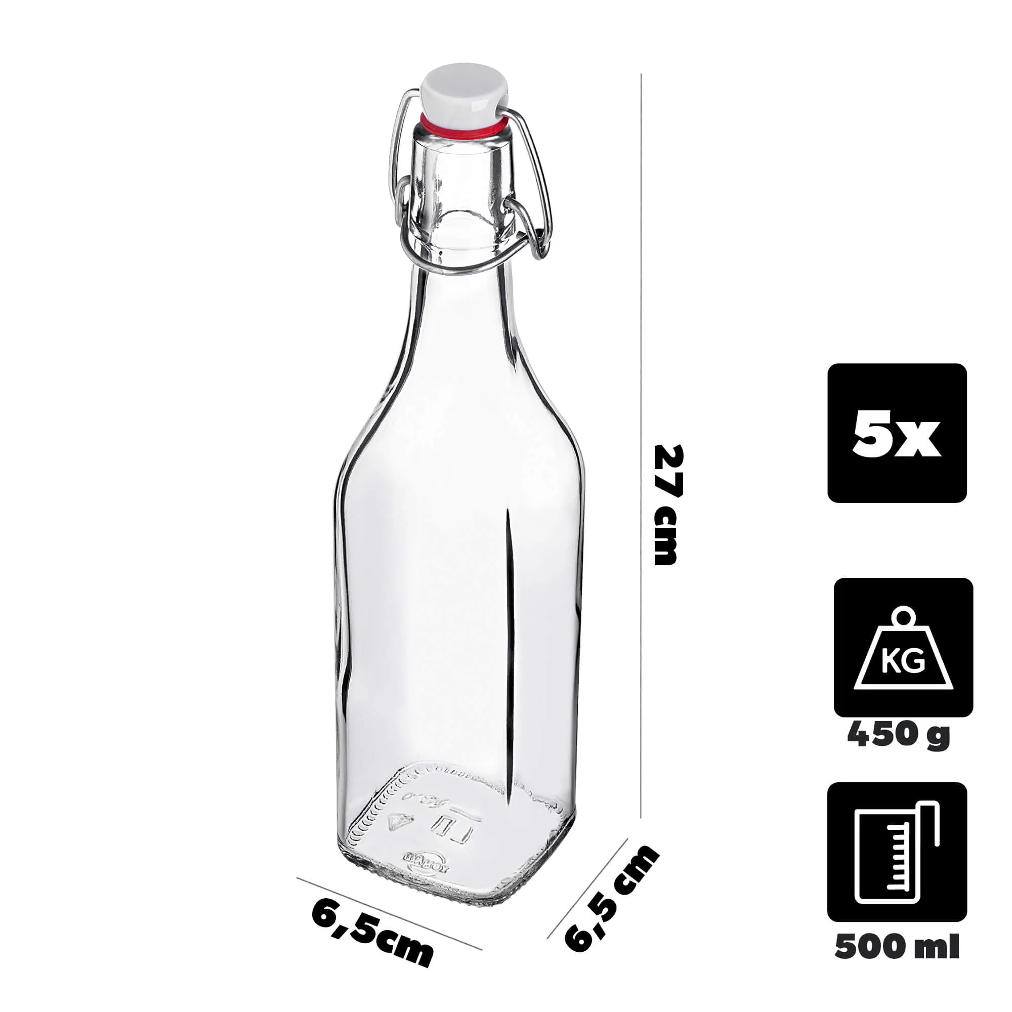Nave stikliniai buteliai 500 ml su mechaniniu kamščiu 5 vnt.