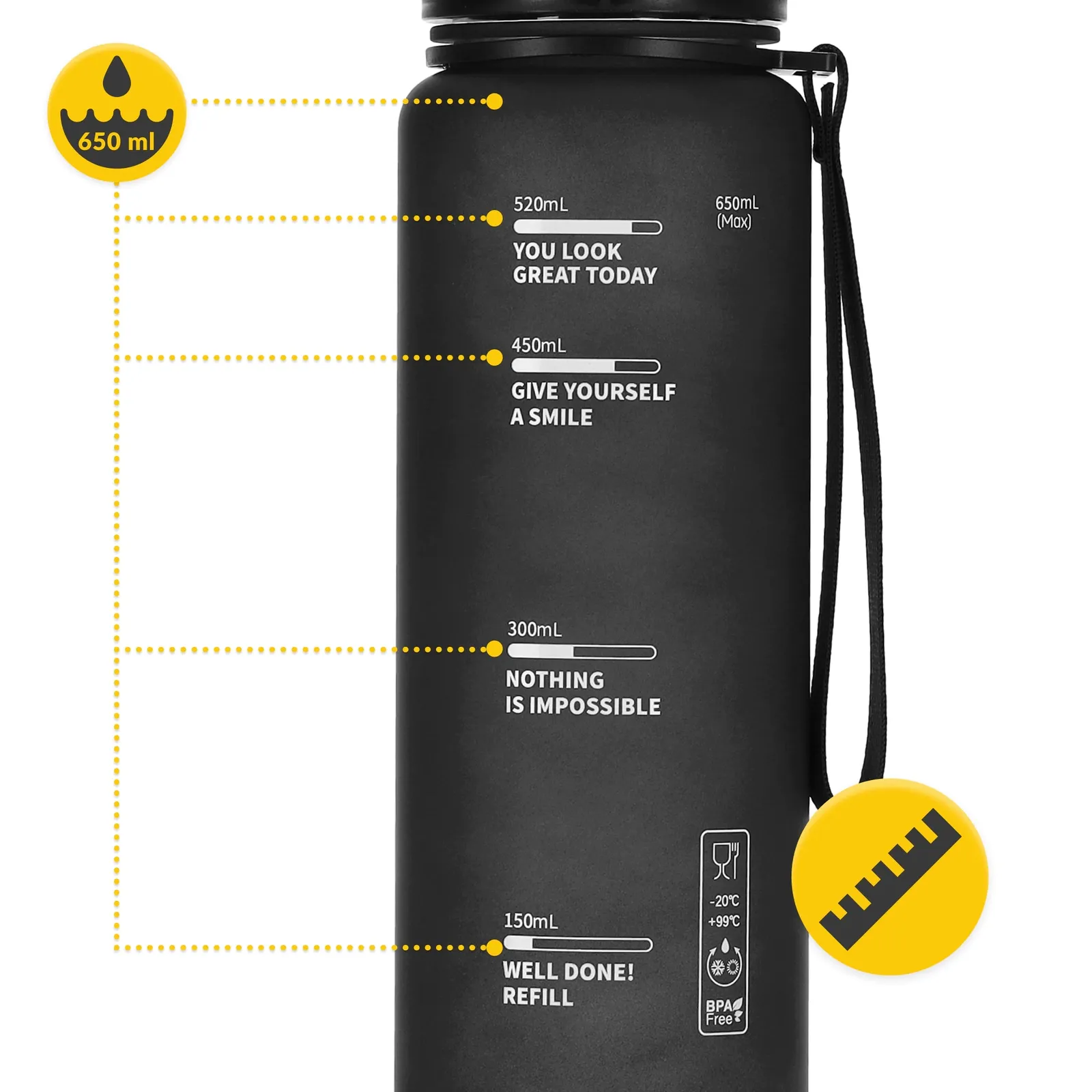 650 ml juodas sportinis vandens butelis