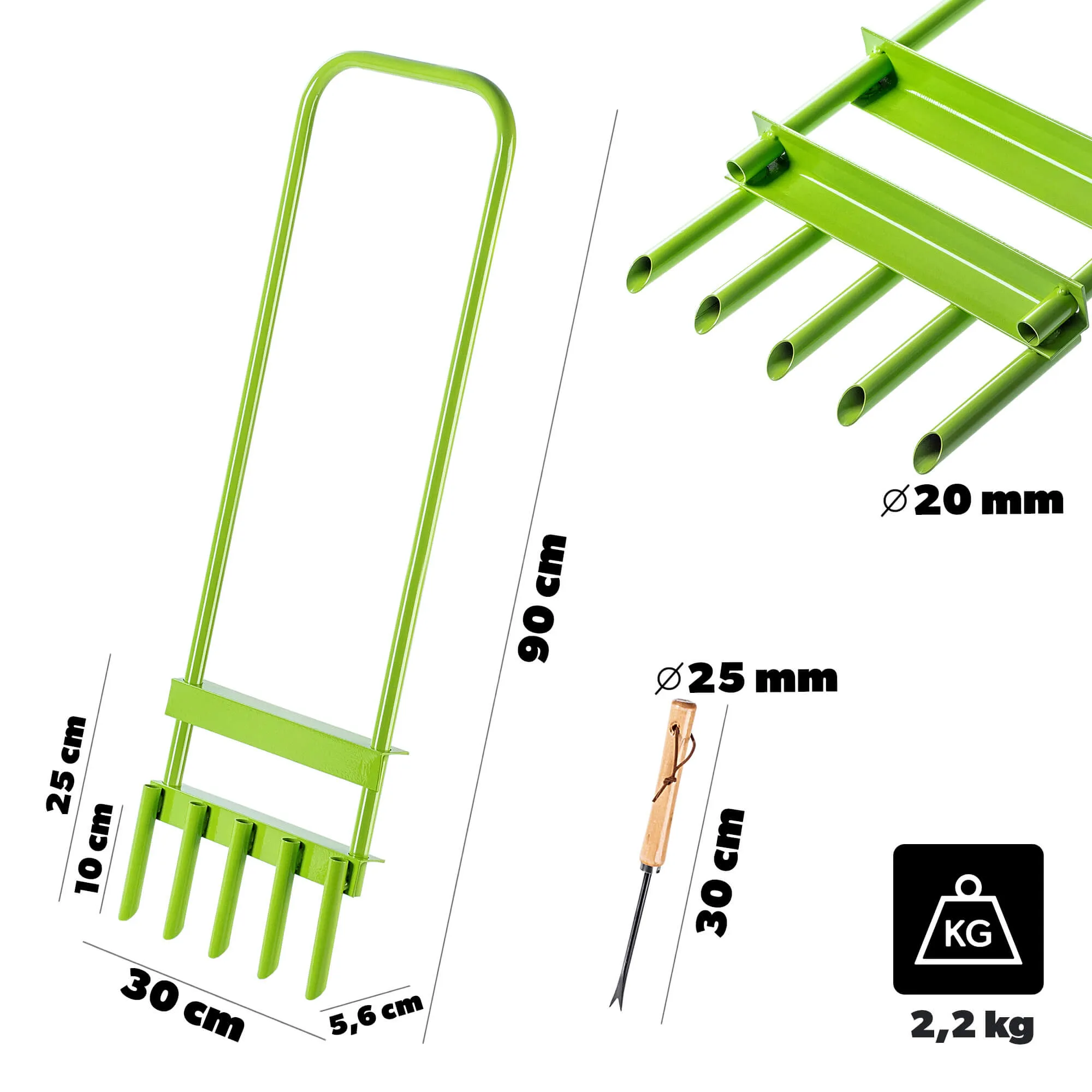 Adum rankinis vamzdinis vejos aeratorius, 90 x 30 cm, plieno žalios spalvos