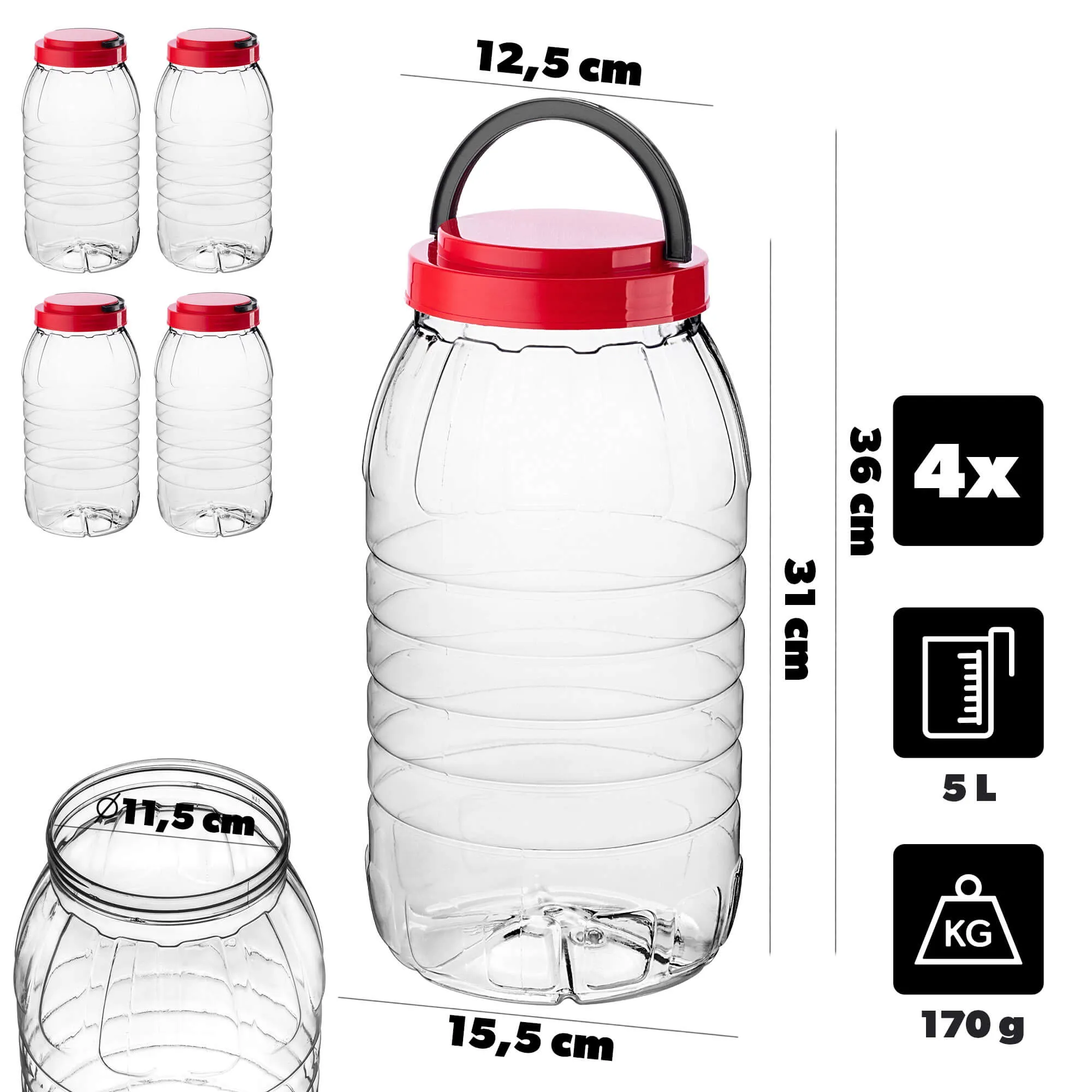 PET stiklainis su užsukamu dangteliu ir rankena „Riccia universal“, 5 l, 4 vnt.