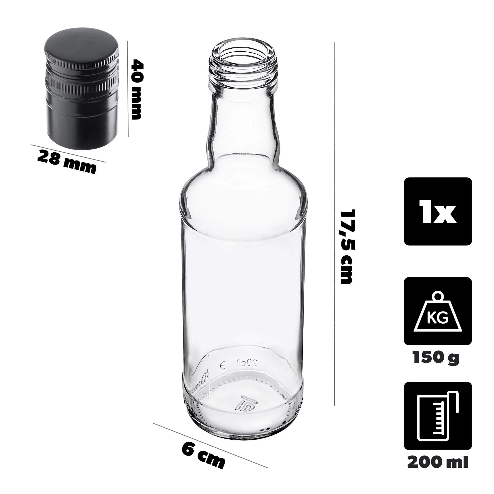 Monopol stiklinis butelis 200 ml su ilgu juodu dangteliu 1 vnt.
