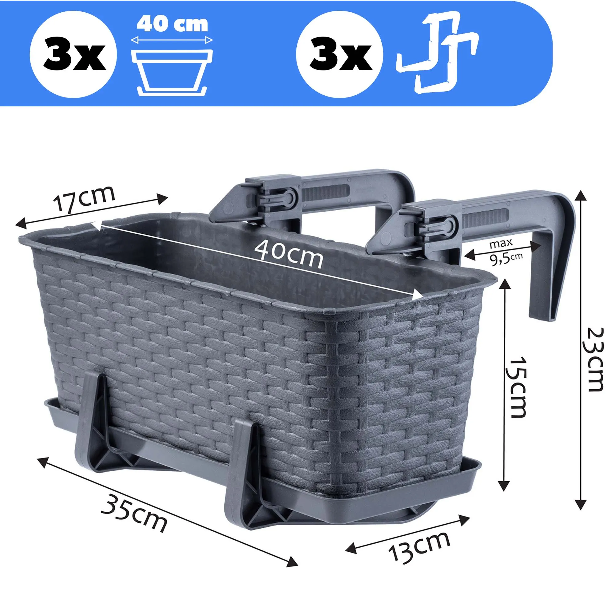 Balkono dėžė su rankenomis Castro grafito spalvos 40 cm