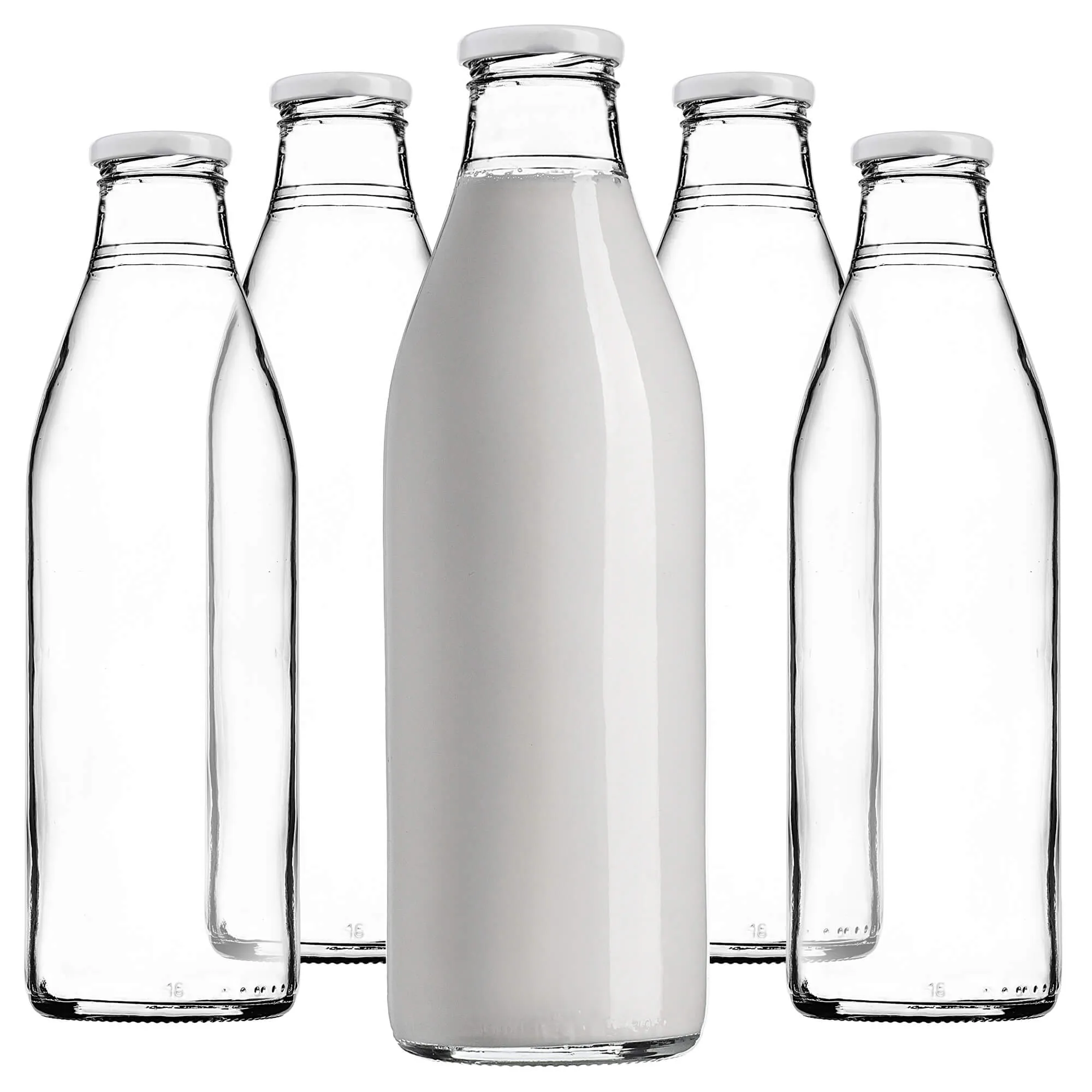 Stikliniai pieno buteliukai 1 l su baltu dangteliu, 43 mm skersmens, 5 vnt.