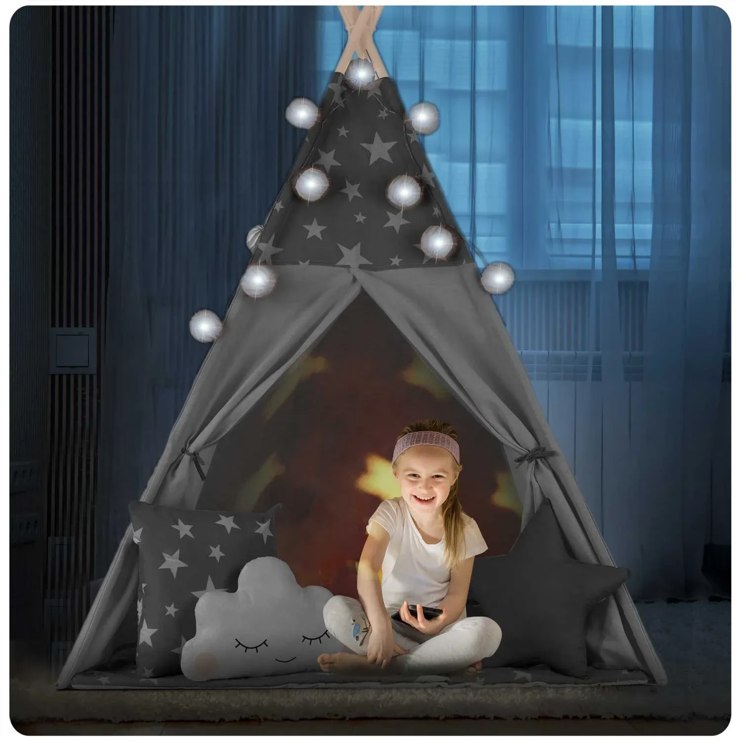 Nukido tipi palapinė vaikams su girlianda ir lemputėmis - pilka su žvaigždėmis - nuotrauka 1