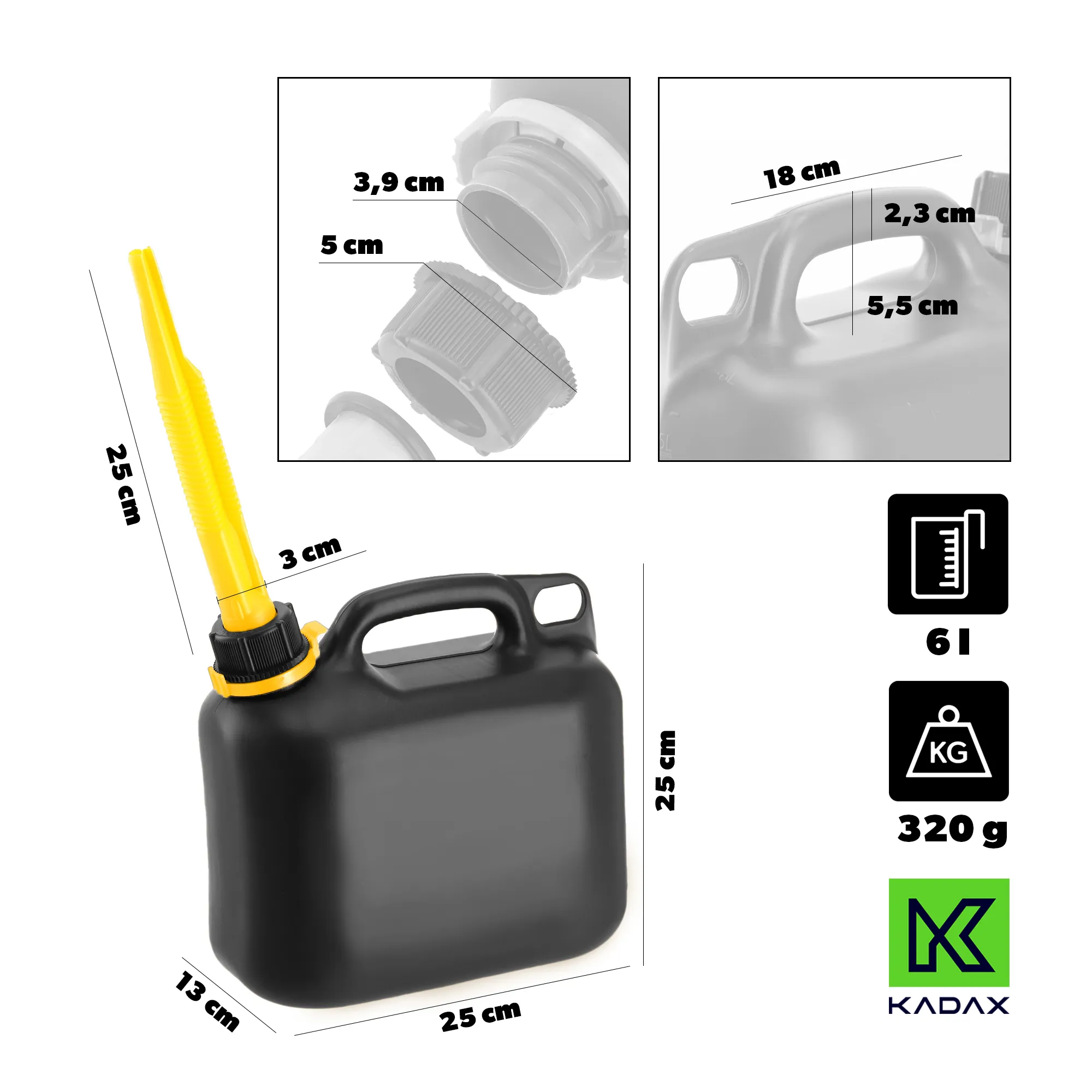 Kuro kanistras + piltuvas 6 l, juodas