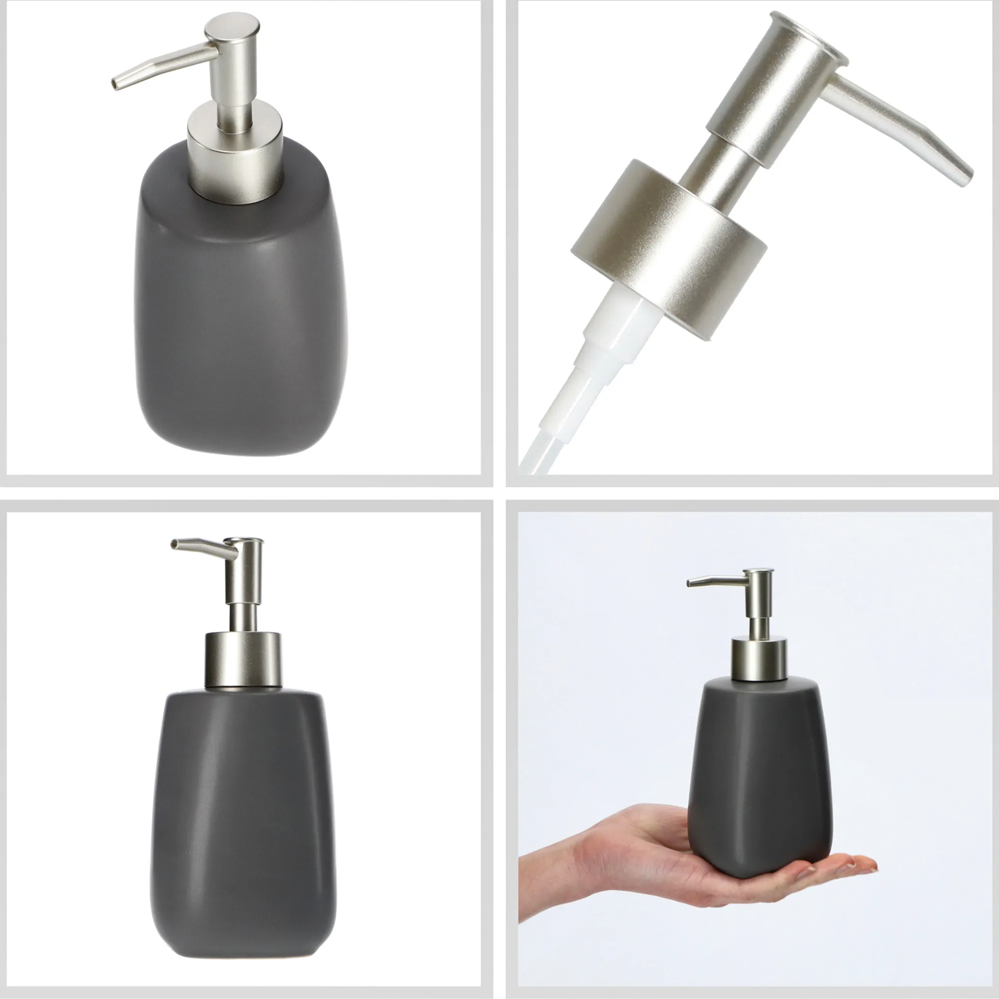 Vonios kambario komplektas: tualetinis šepetys + puodelis + dozatorius, pilkas