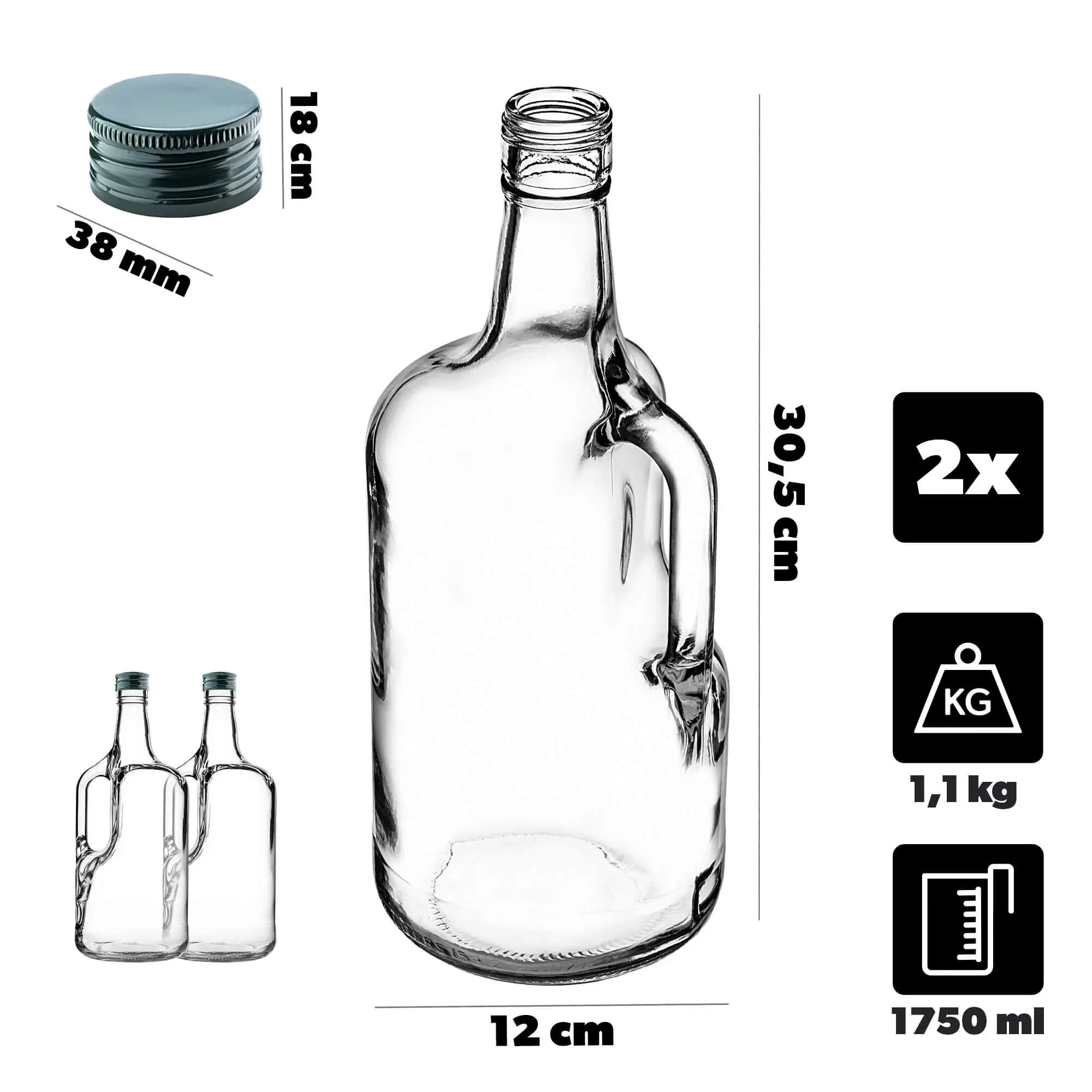 Boude stikliniai buteliai su rankena 1750 ml su žaliu dangteliu 2 vnt.