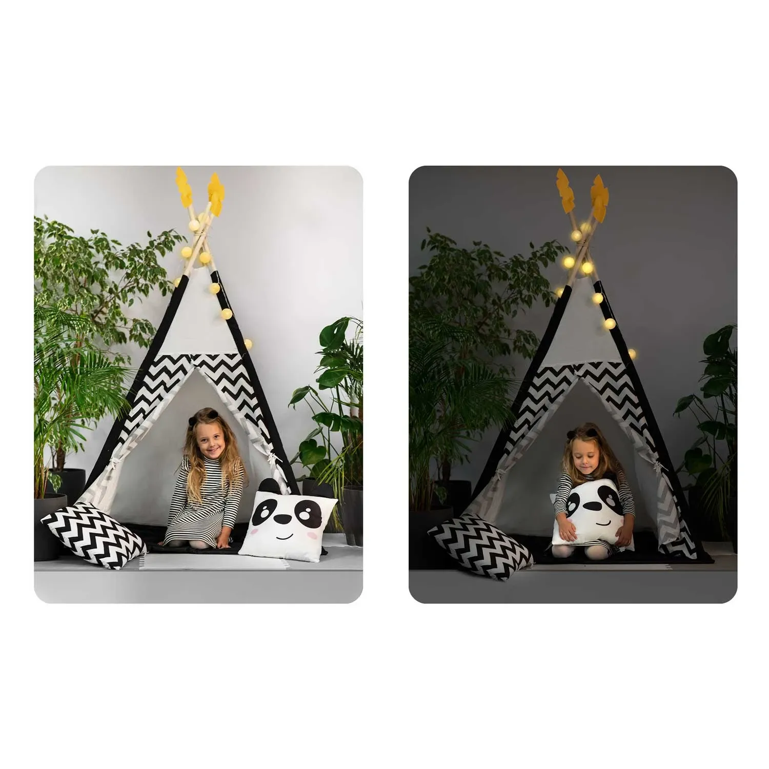 Vaikiška „Nukido“ tipo palapinė su girlianda ir švieselėmis, juodai balta spalva ir panda - nuotrauka 1