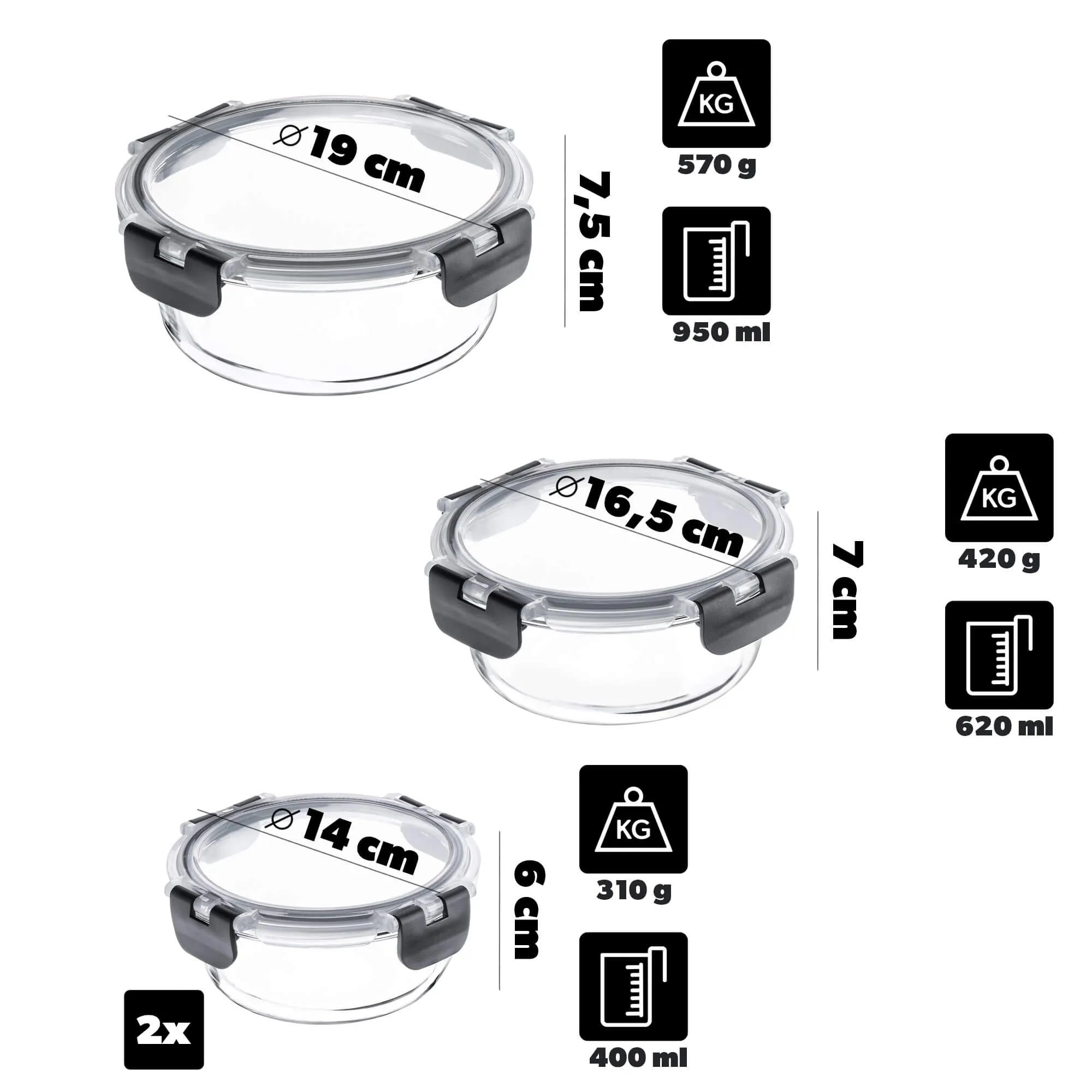 12 juodų Termoli stiklinių indelių su dangteliais rinkinys