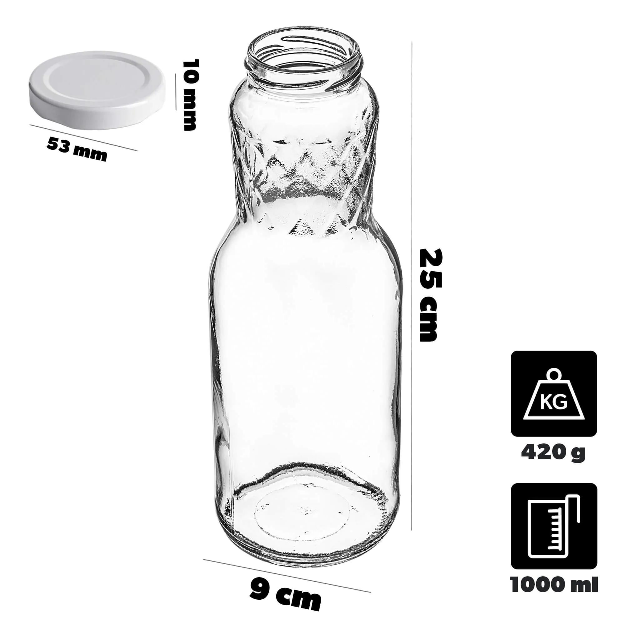 „Corlo“ stiklinis pieno butelis 1 l su baltu dangteliu, 53 mm skersmens, 1 vnt.