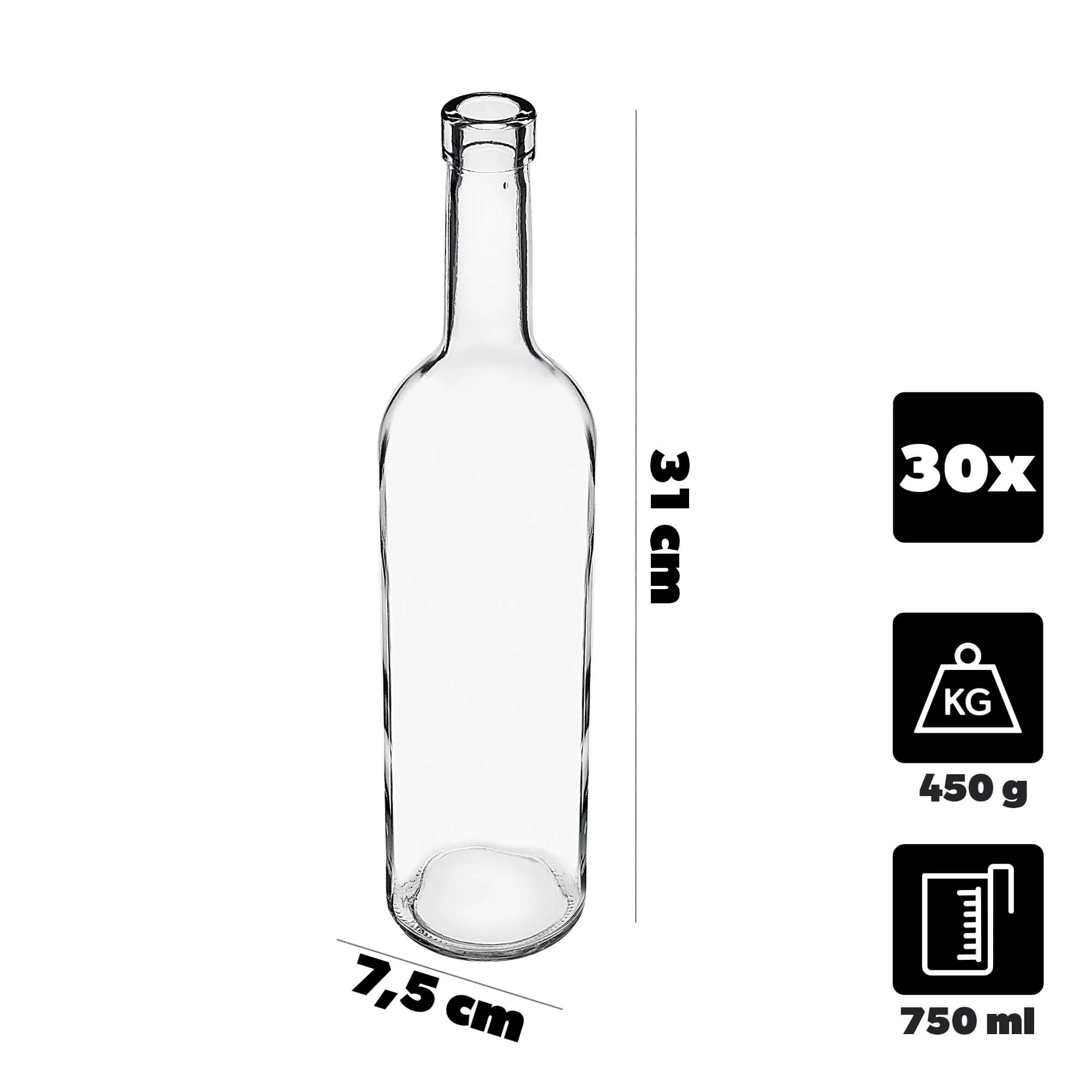 Biagio vyno buteliai 750 ml, balti, be kamščio, 30 vnt.