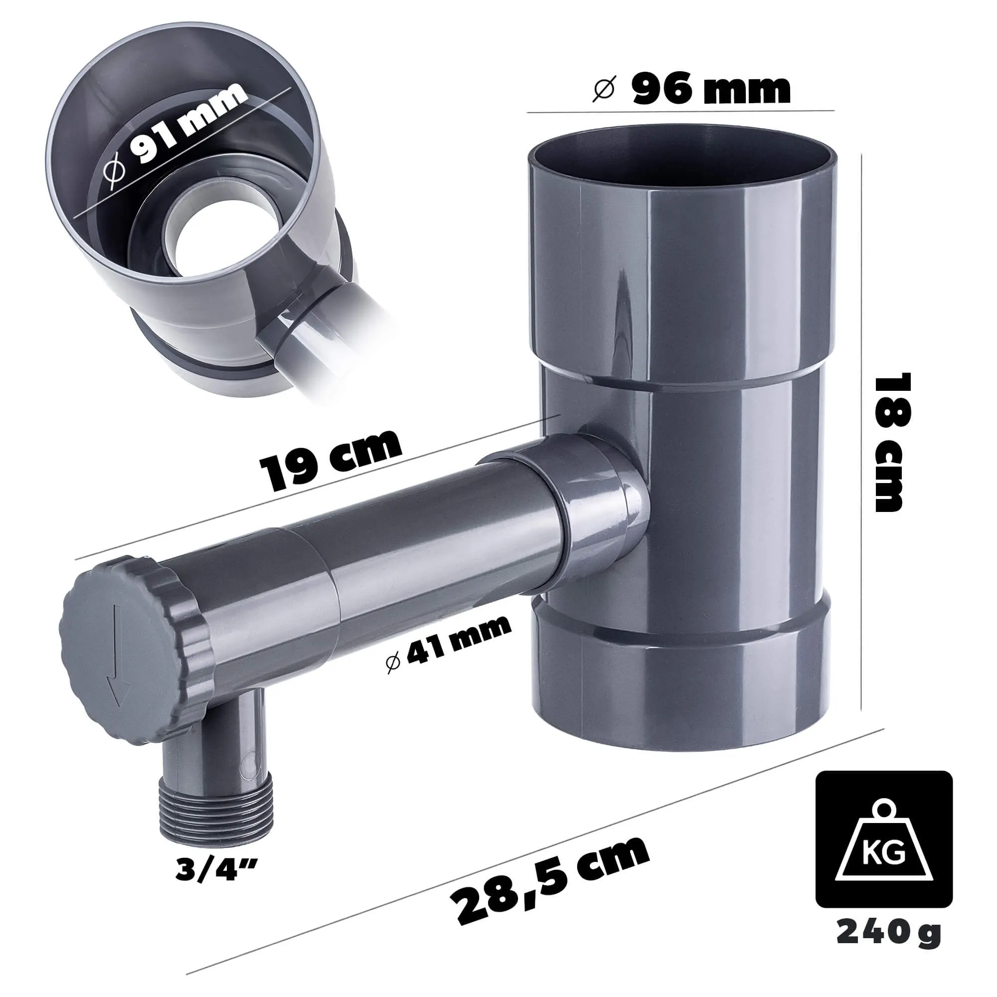 Nancras lietaus vandens kolektorius su vožtuvu, 90 mm, pilkas